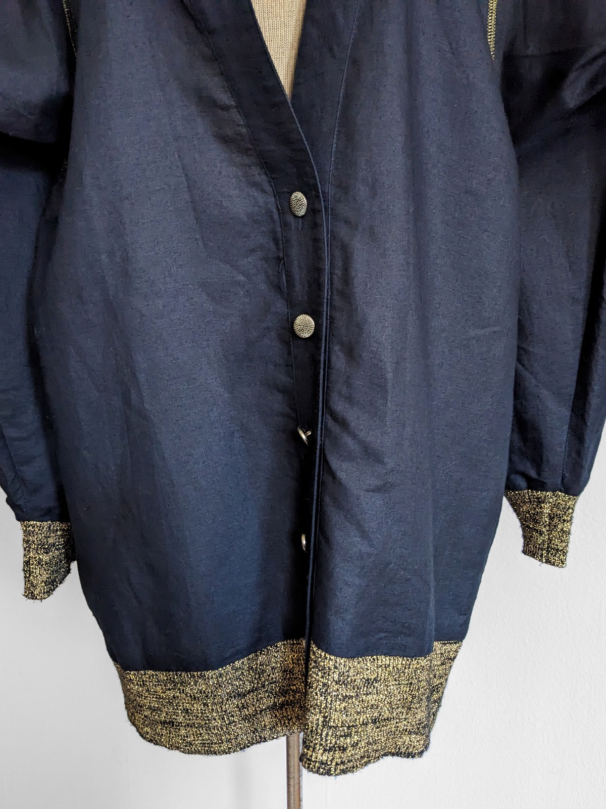 vtg 90s linen blend black & gold mid length cardigan jacket