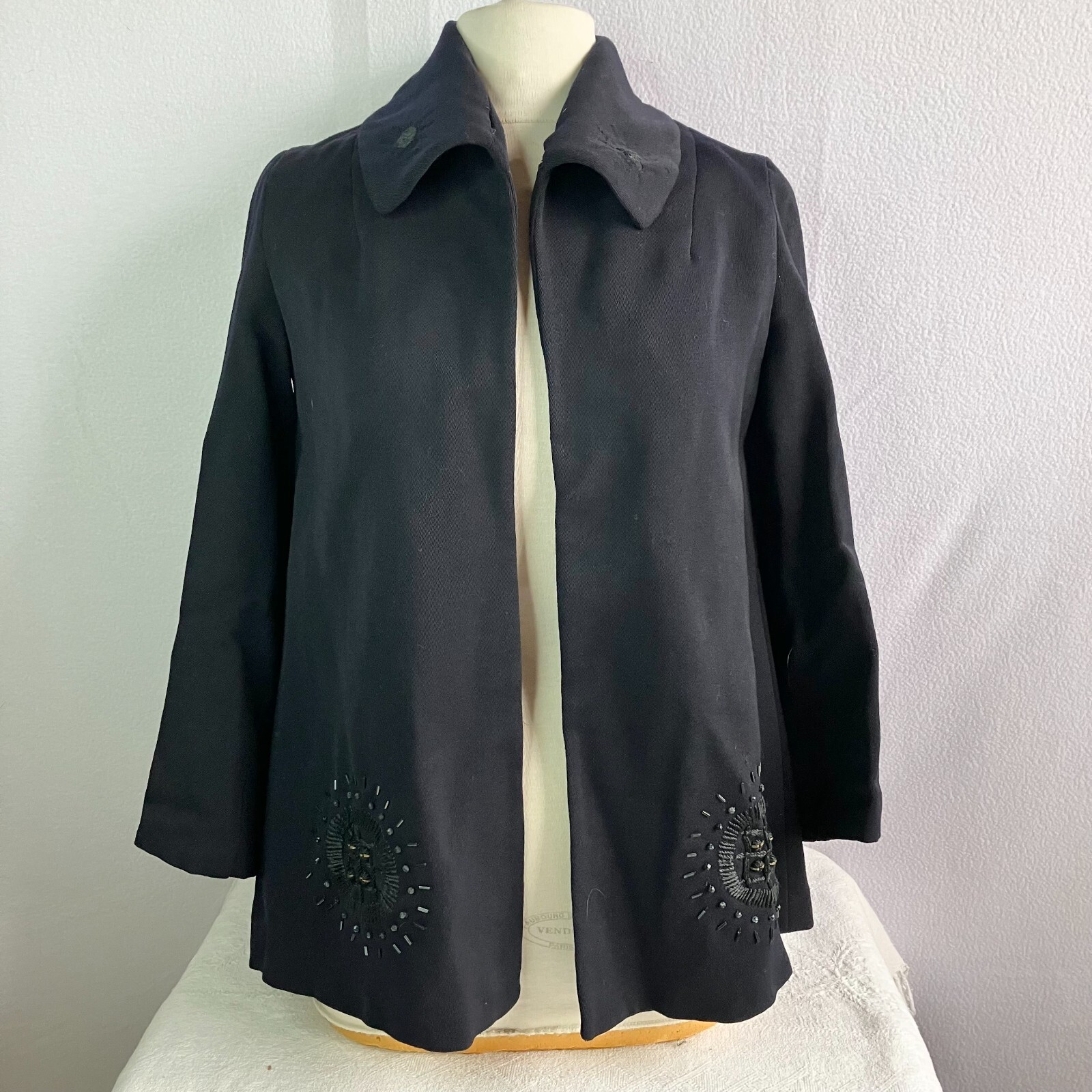 Antique Hip Length Navy Blue Wool Embroidered & Beaded Jacket 1910s – 1920s