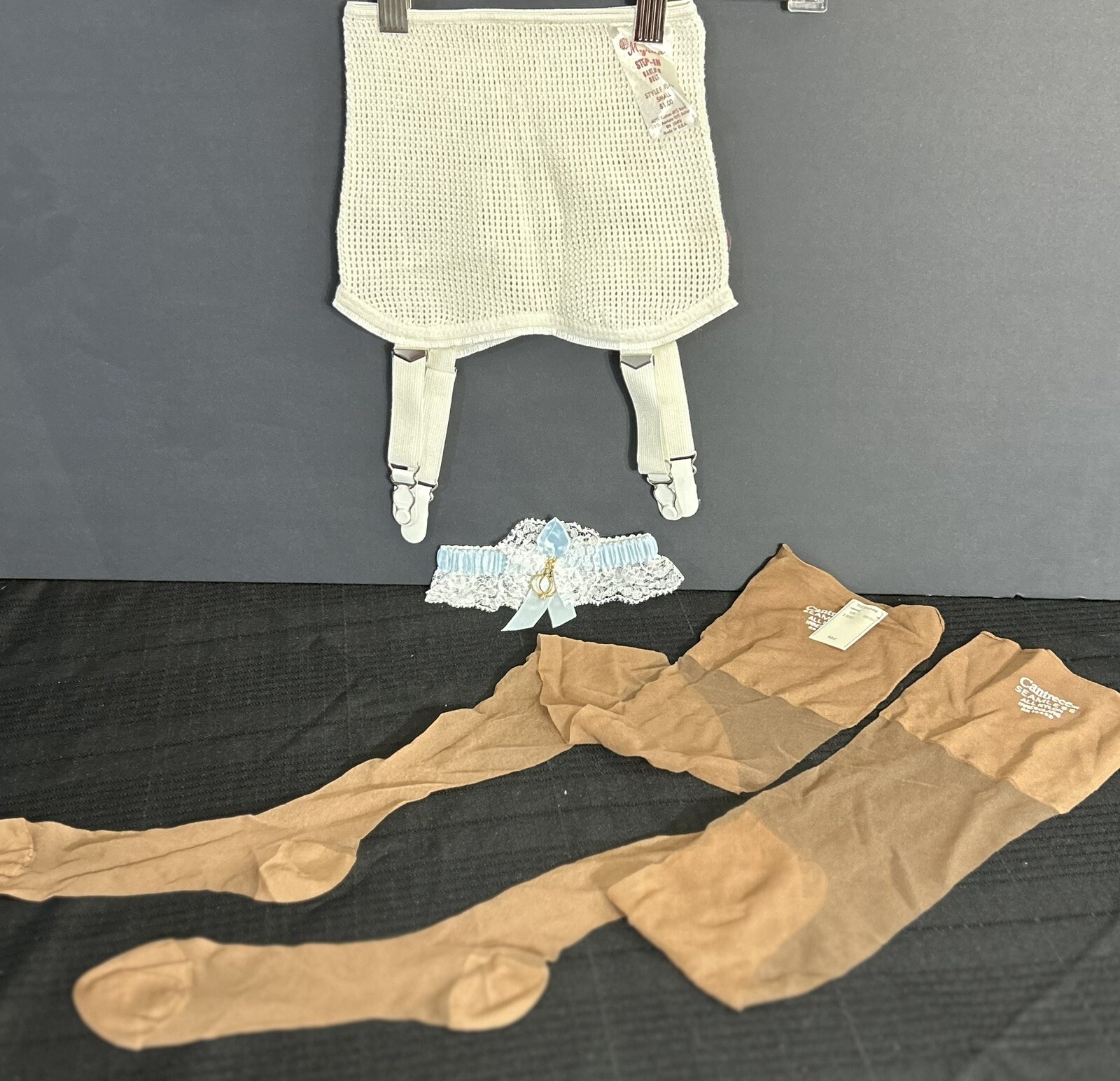 Vintage Myrna Step-In Barter Belt, Wht & Blue Lace Garter Belt, Thigh Highs