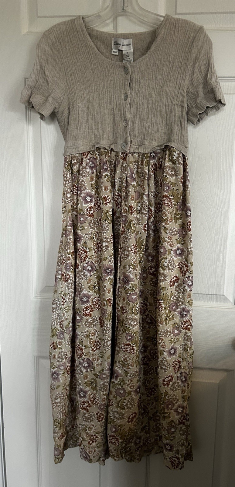 Betsy Lauren short-sleeve maxi dress, beige crinkled fabric, floral print skirt