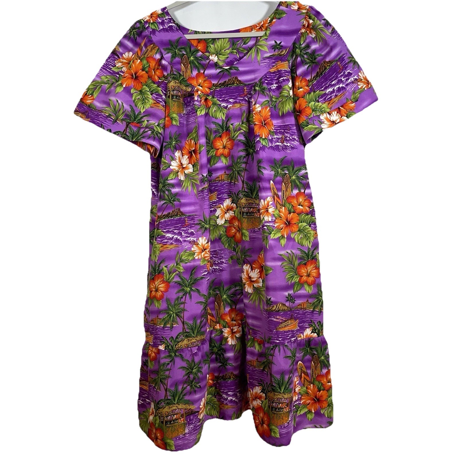 Vtg Hawaiian Naupaka Hawaii Dress XL Purple Floral Hibiscus Tropical Tiki