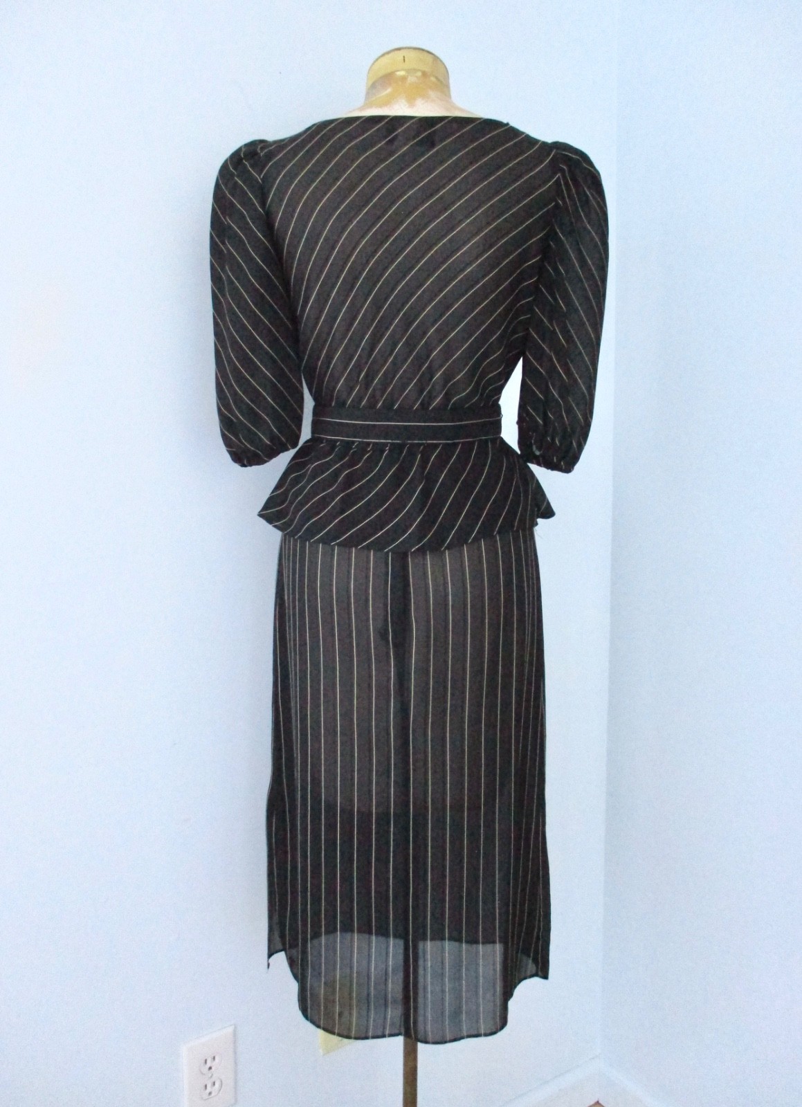 Vtg 70s 80s Black Pinstripe Semi Sheer 2-Pc Secretary Skirt Peplum Top Suit 5