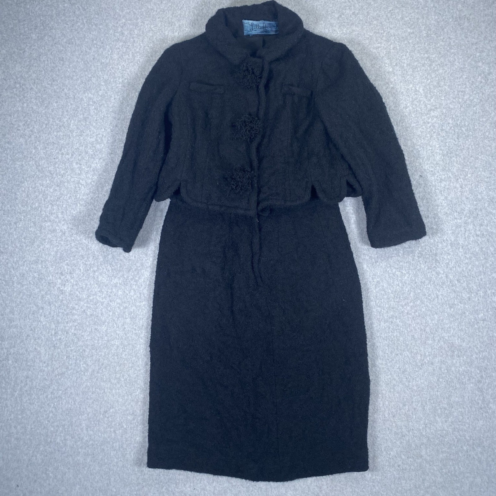 Lilli Ann Paris Bouclé Wool Suit Set 50s/60s Black Jacket Skirt Pom Pom Buttons