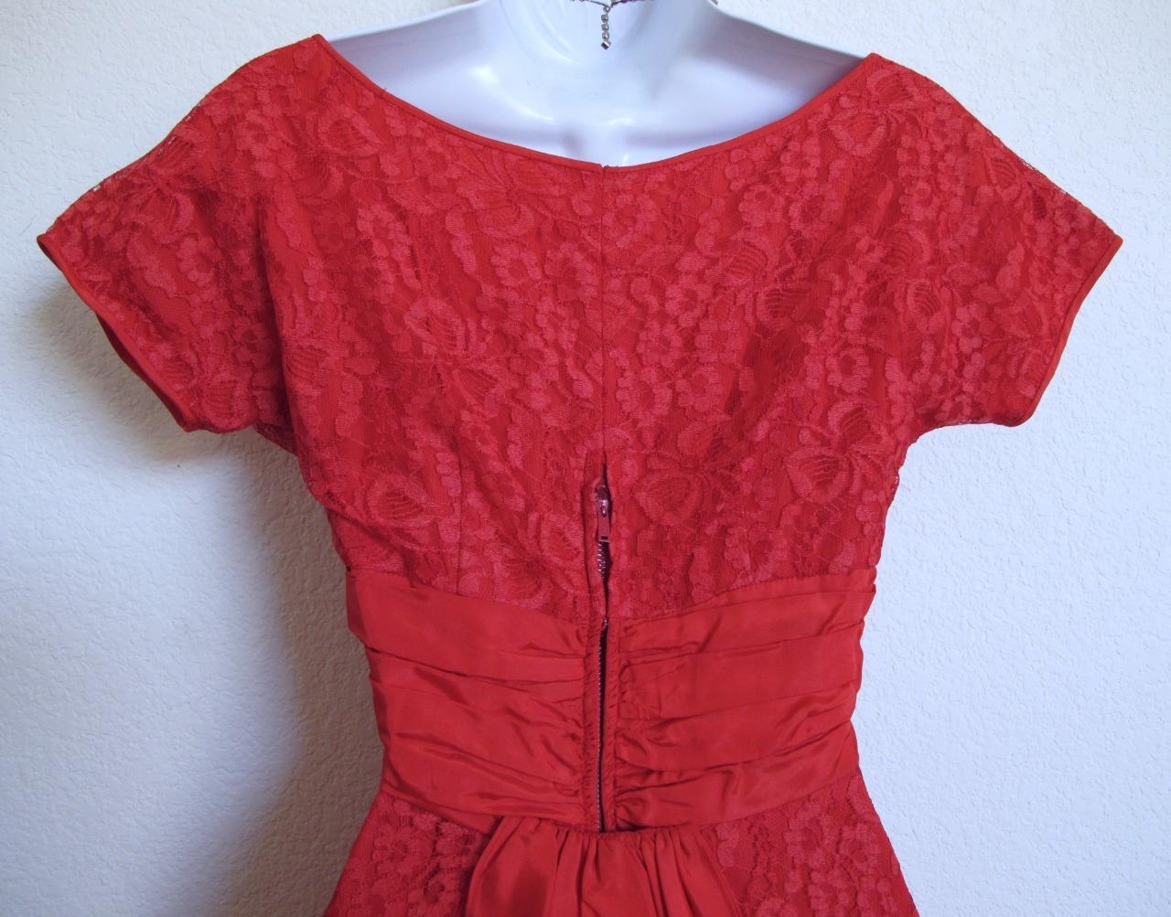 Vintage 50s Valentine Red Lace Party Dress XXS Full Skirt Bustle Back Wasp Waist