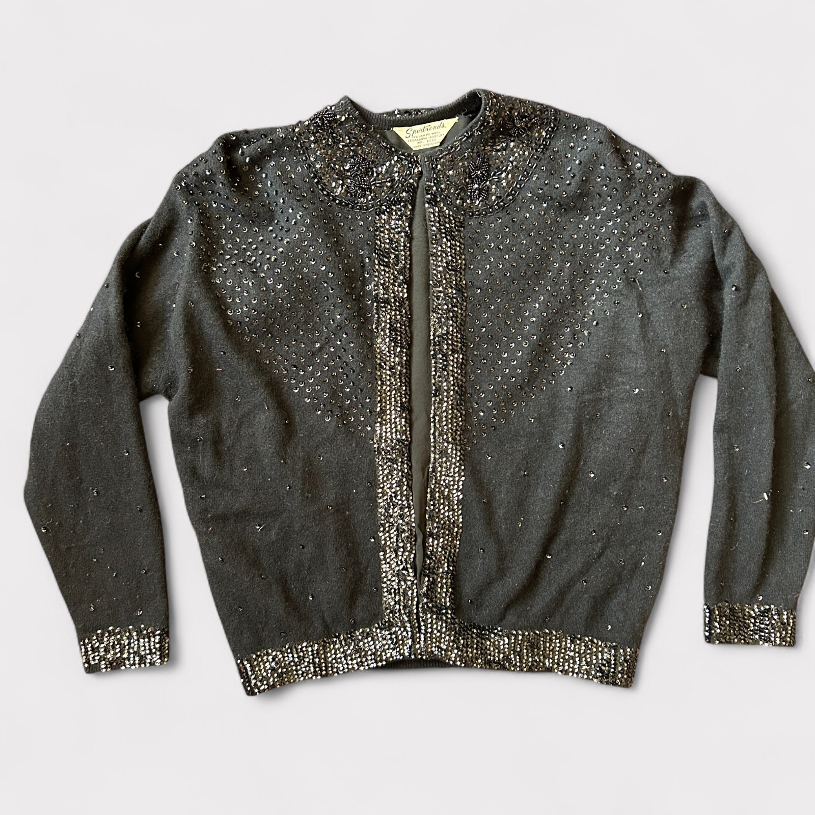 Vintage Sportrends Beaded 1950s Cocktail Cardigan Black Wool & Angora