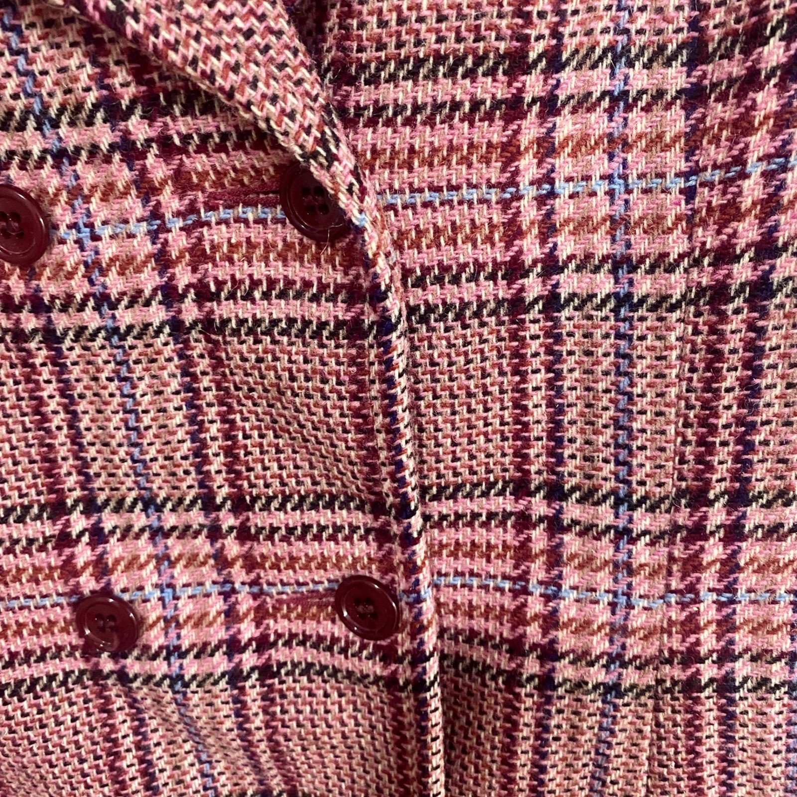 Vintage John Meyer 70s Plaid Wool Blazer Velvet Collar Double Breasted Pink 10