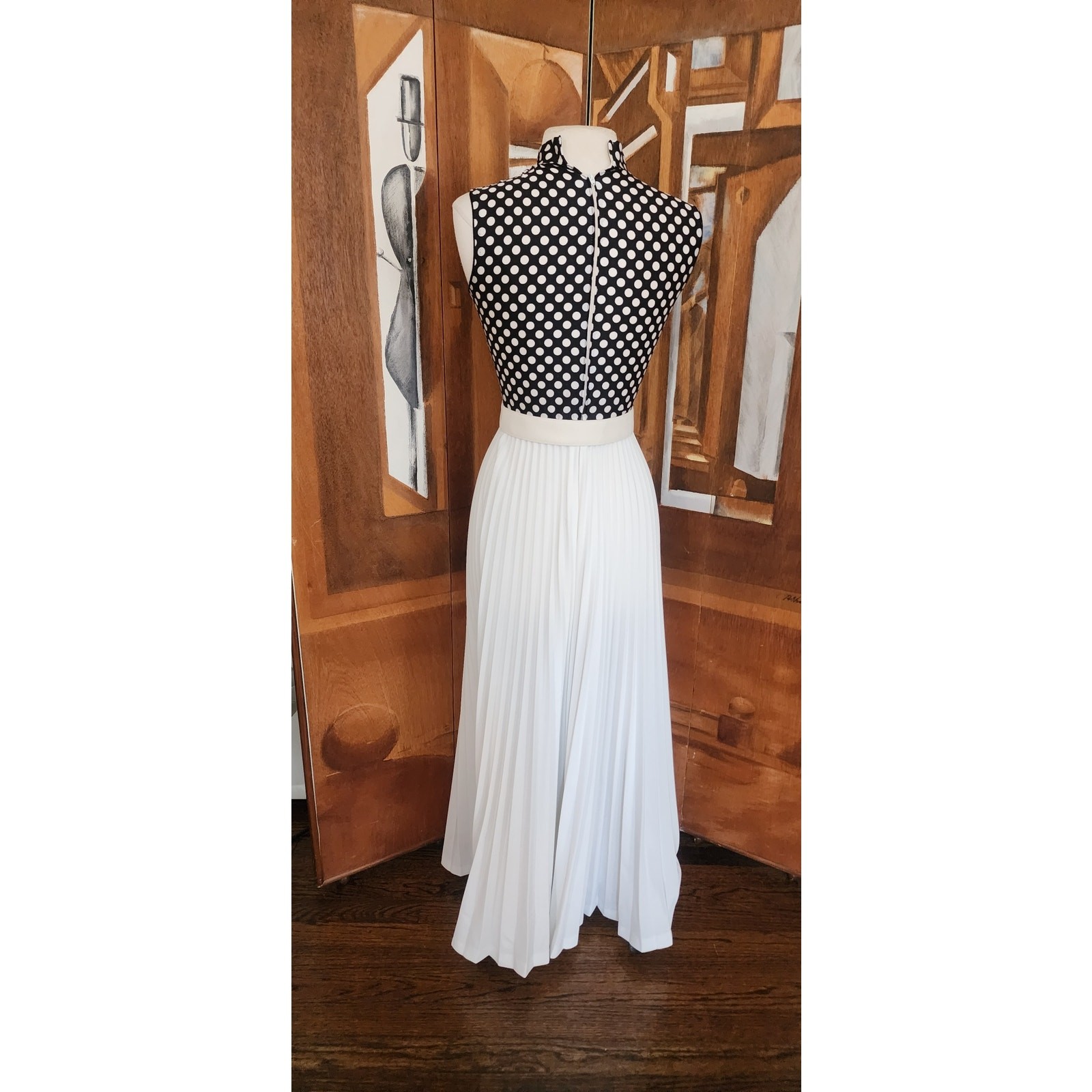 Vintage 1970s Maxi Dress Polkadot Print Pleated Skirt Black White Belted / S