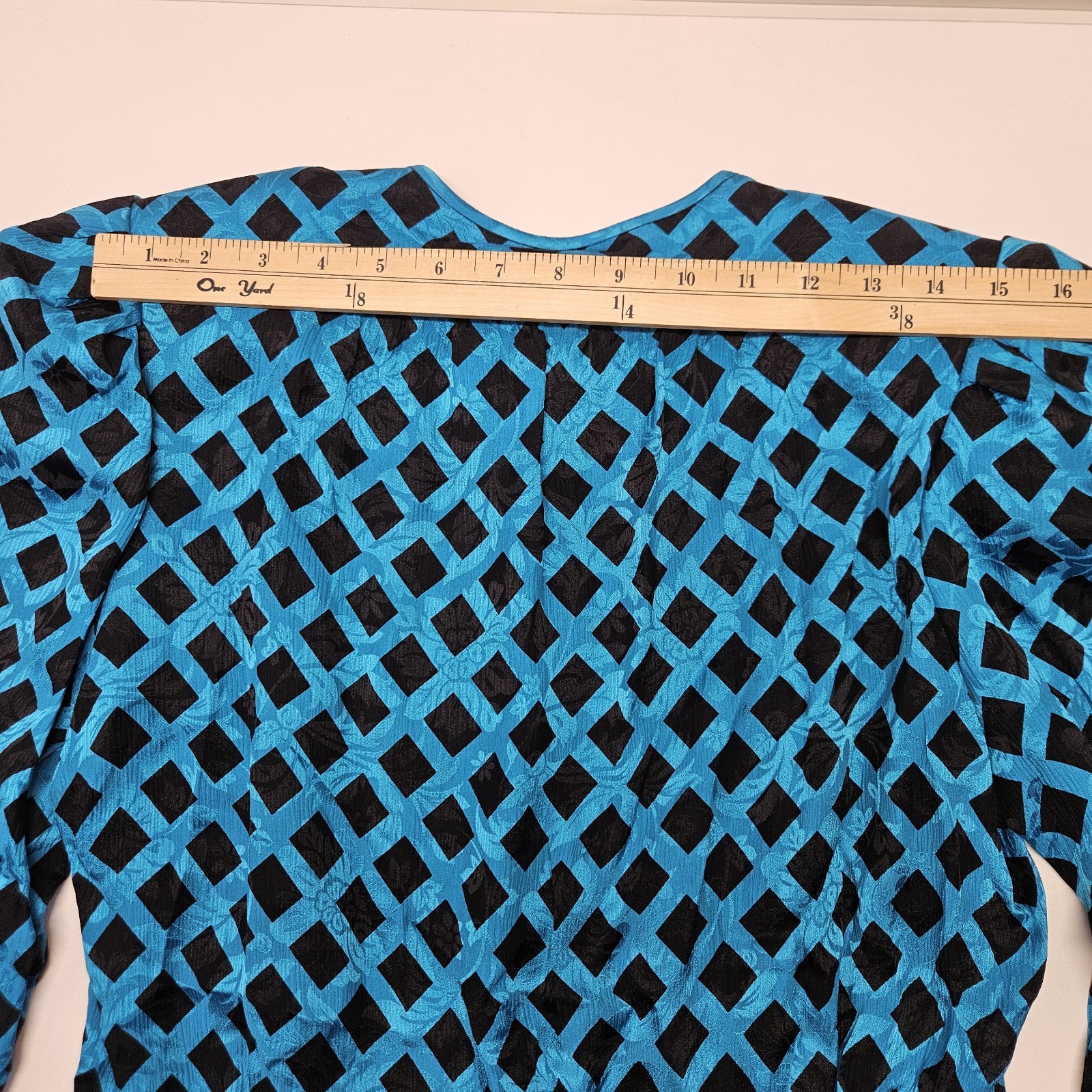 NWT Vtg 80s 100% Silk Jacquard Puff Sleeve Check Top w Scarf Blue Black Sz 10