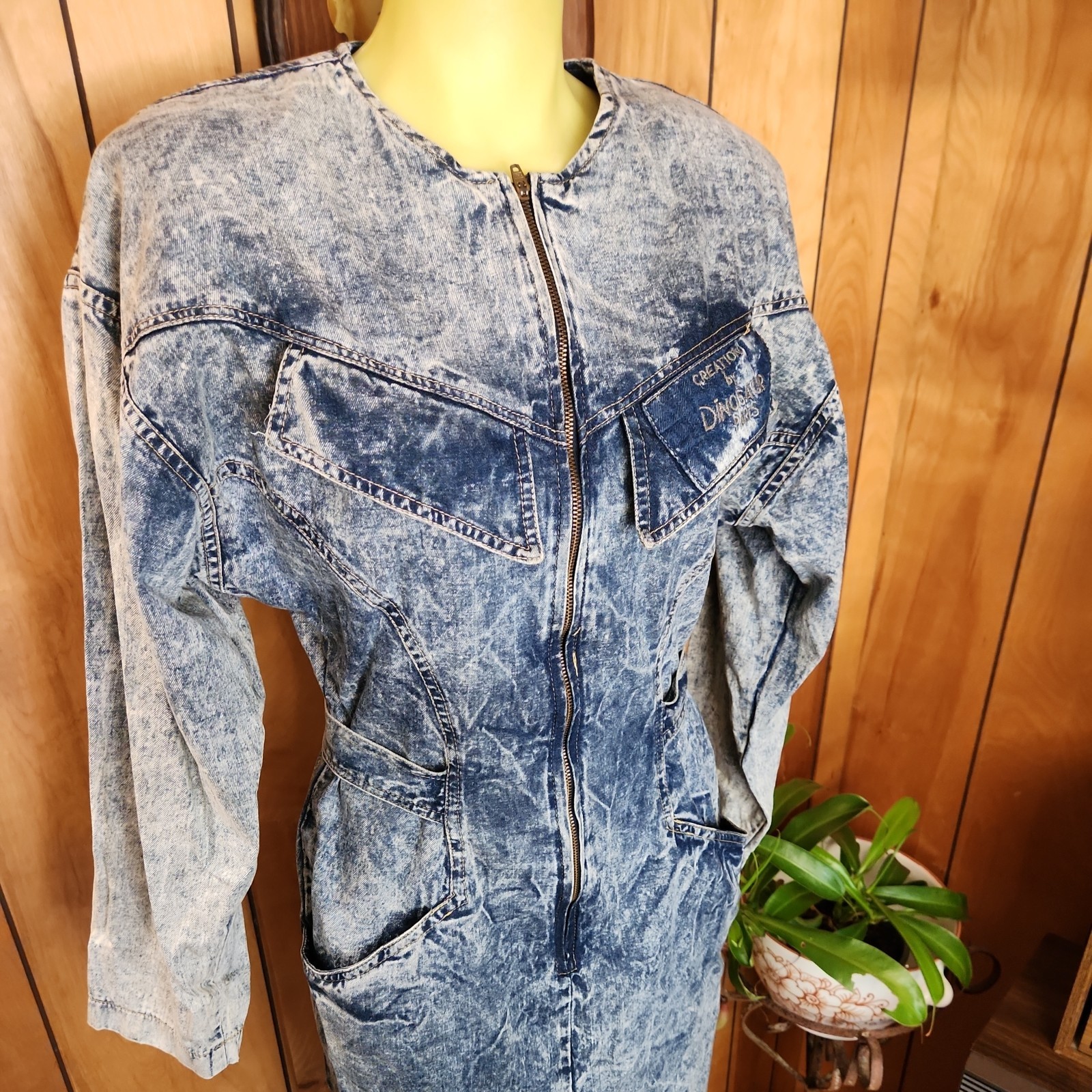 Vtg 80s ZIP UP ACID WASH LONG SLEEVE DENIM DRESS SIZE 3 Power Suit Hair Band