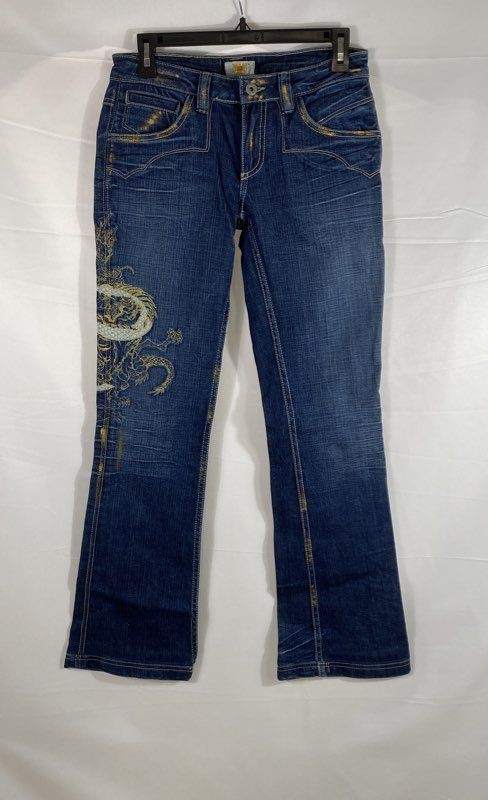 Vintage Y2K Antik Denim Women’s Blue Dragon Embroidery Embellished Jeans Sz 27
