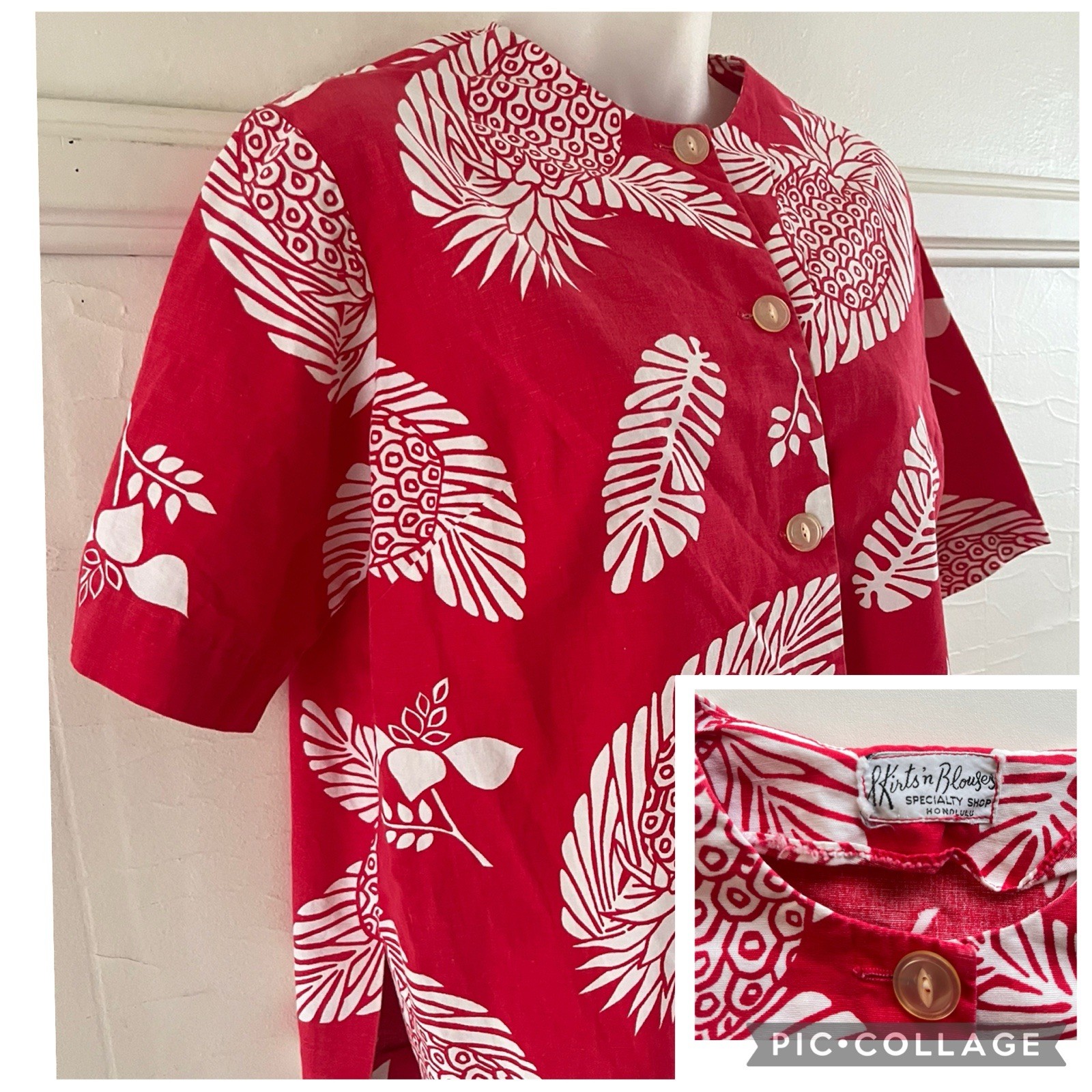 Vtg 1950s Red Pineapple Hawaiian Shirt Skirts N Blouses Specialty Shop Honolulu