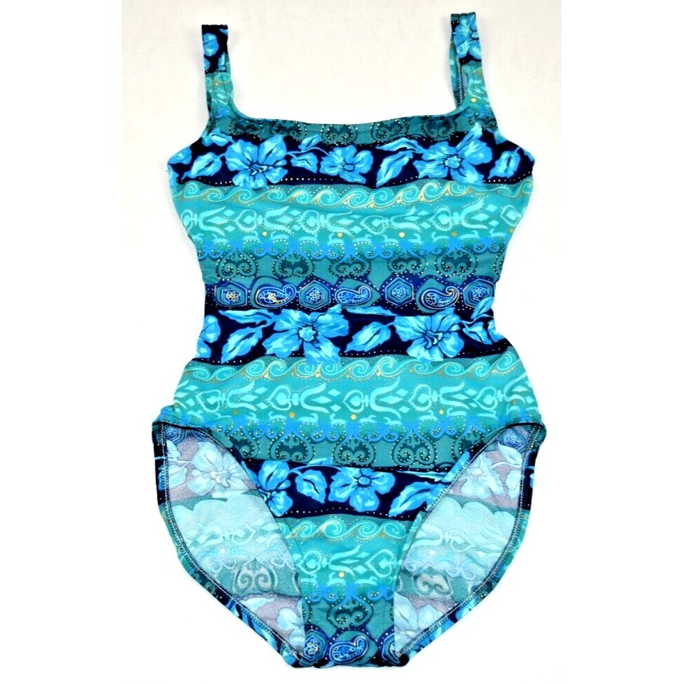 Vintage Sandcastle Swimsuit Size 8 S/M 80s Ocean Blue Gold Sheen Tropical Floral