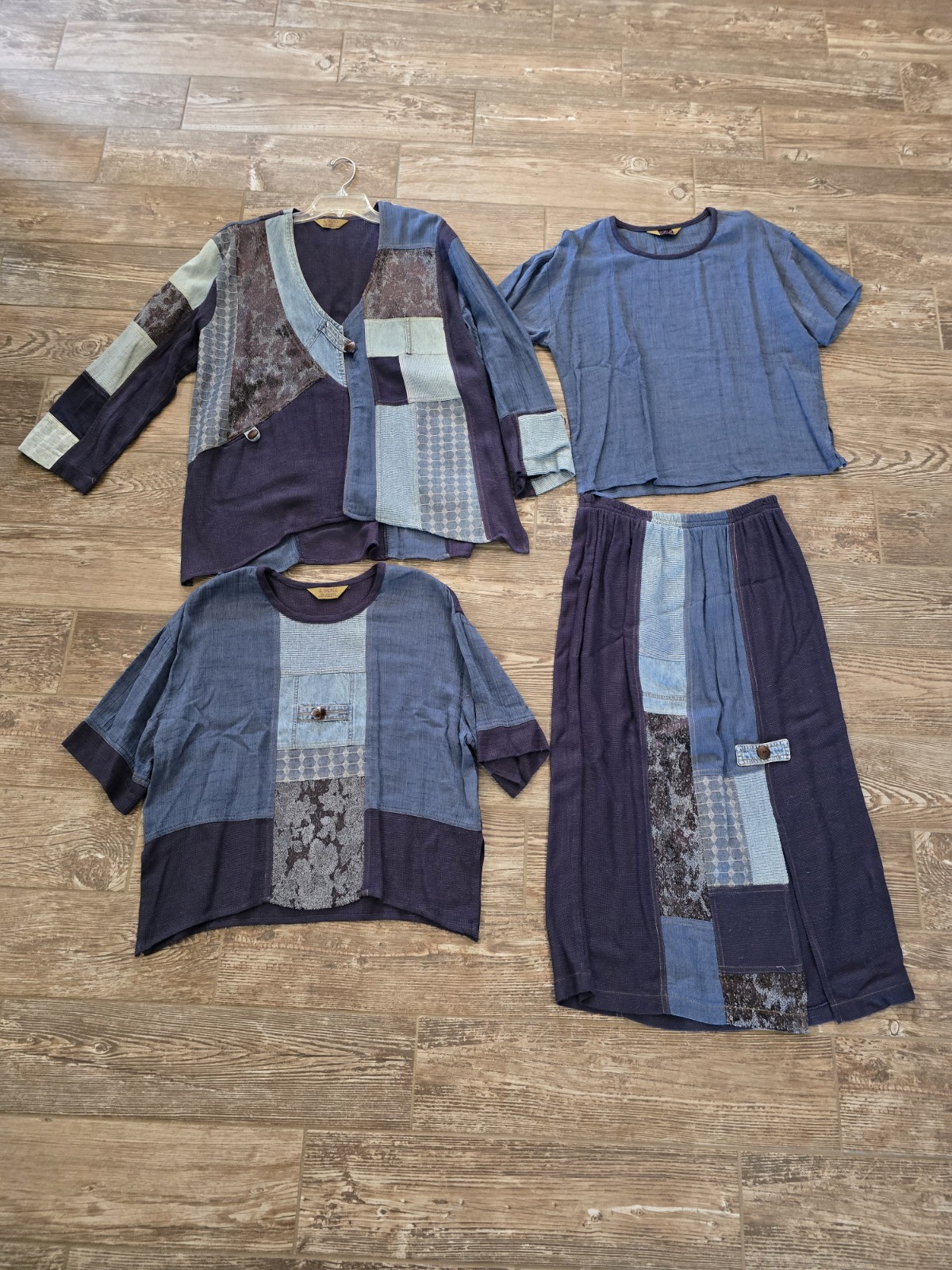 Spencer Alexis, Women’s Vintage 4 Piece, Denim Patchwork Jacket, Skirt, 2 Shirts