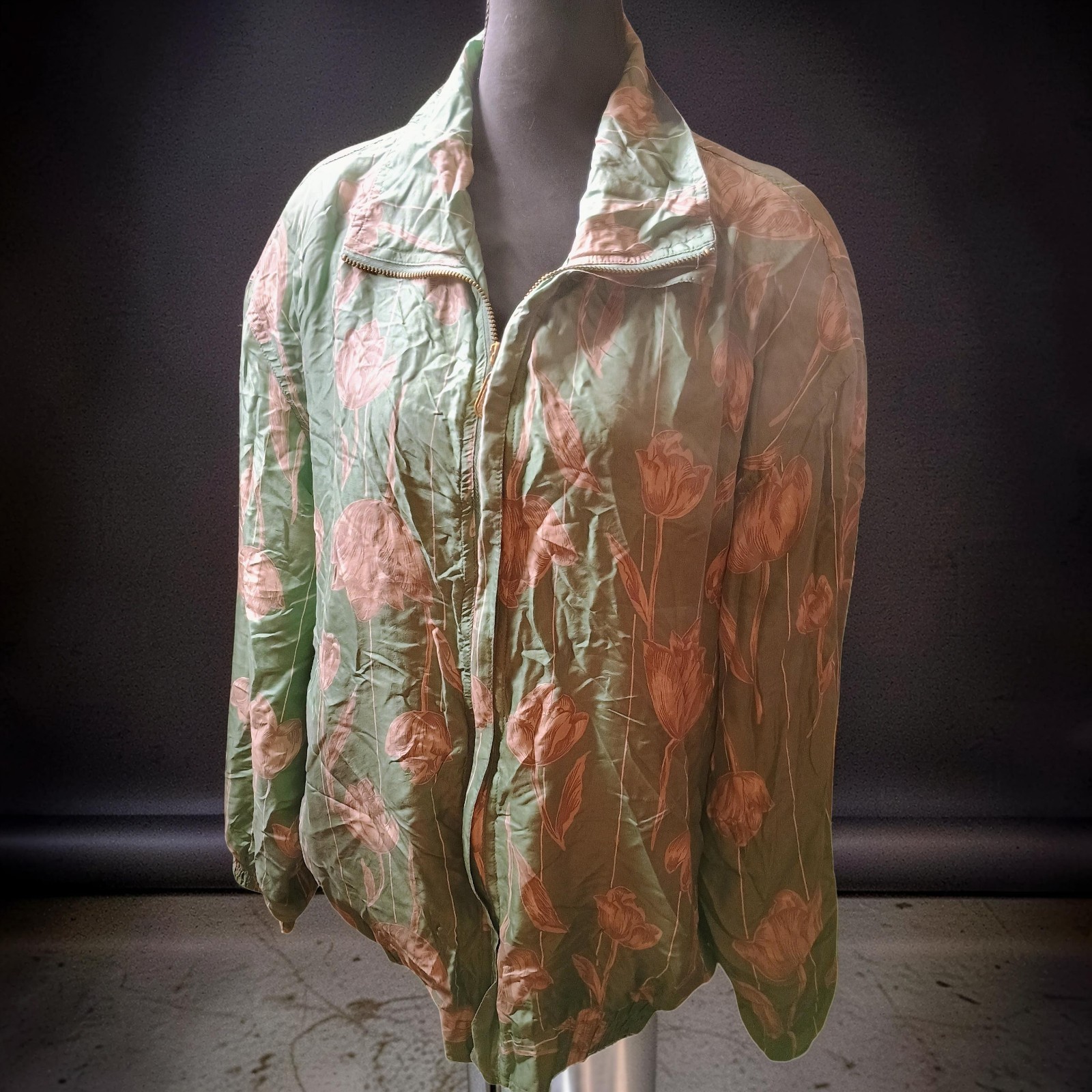 ’80s Vintage Silk Windbreaker Cocoa 100% Silk Floral Mint Green Pink