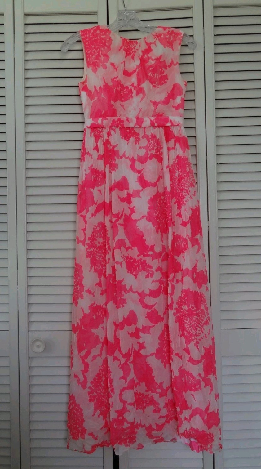 VTG XS Floral Dress Pink White Talon Zipper ILGWU Union Made in USA Long Maxi