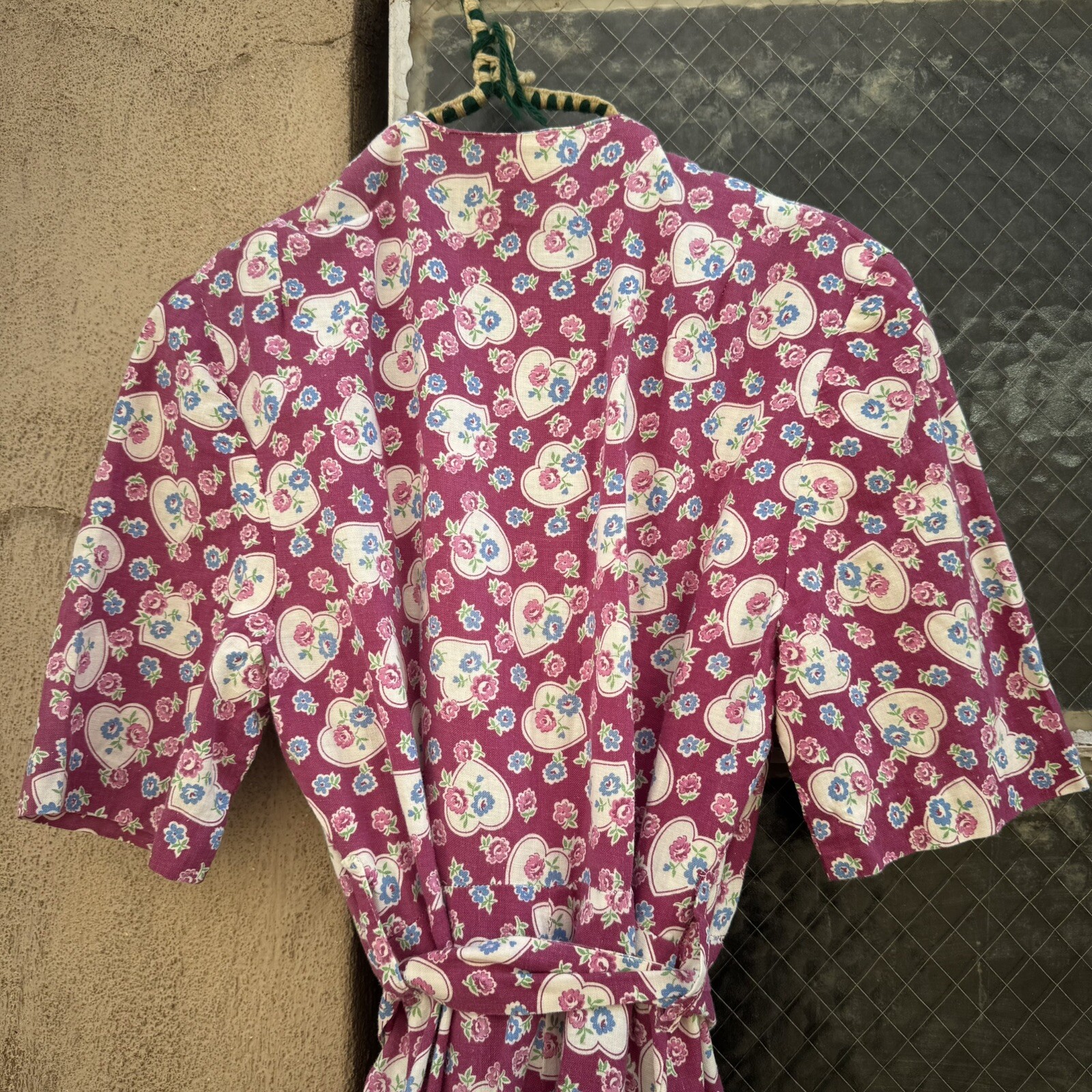 Vintage 1940s Purple, White & Blue Dressing Gown, Robe, Wrap Dress, Heart Print