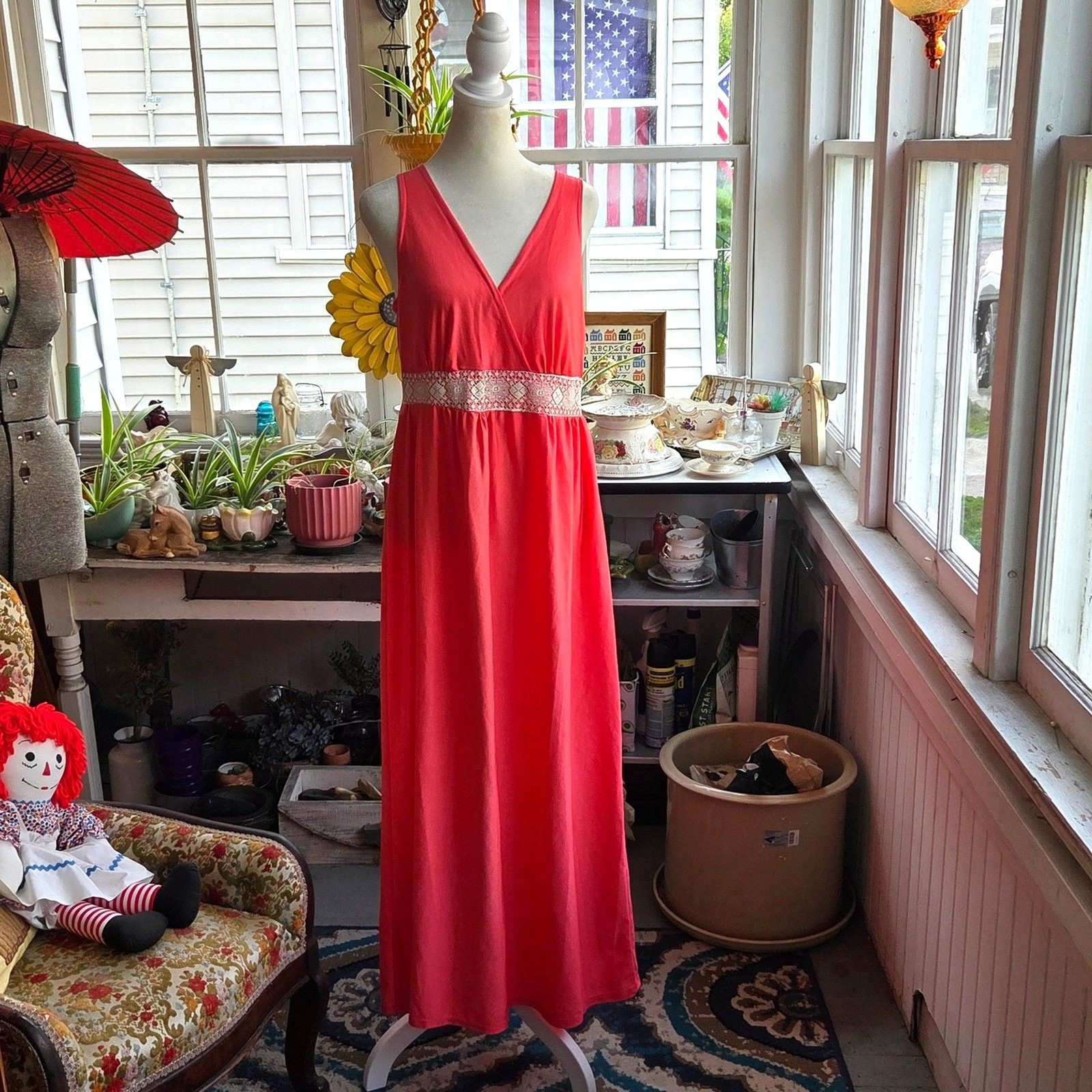 Vintage 1970s Coral Red Nylon Nightgown Maxi Gown Lace Empire Waist Medium