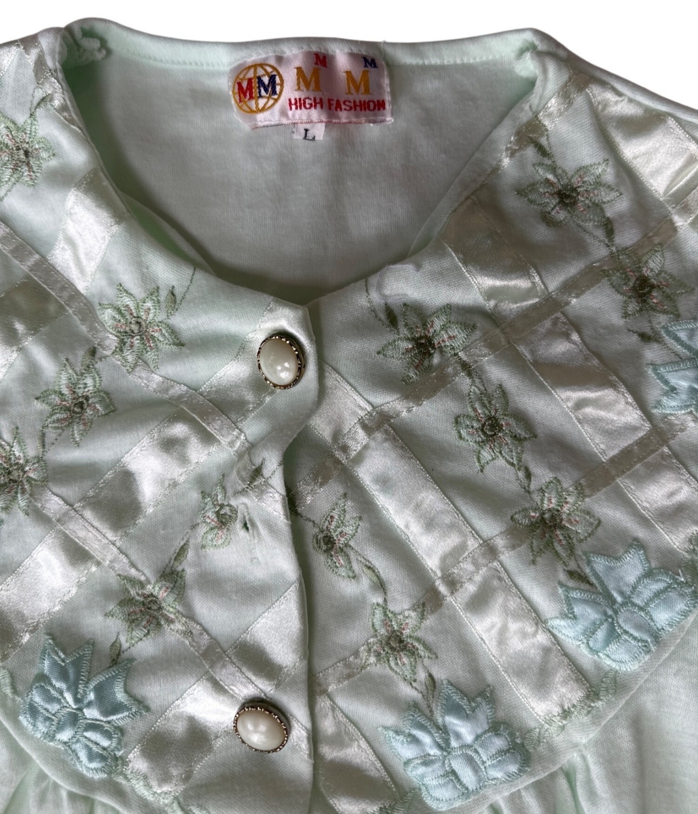 Vintage MM High Fashion Mint Green Nightgown W/Satin Floral Yoke/Pearl Buttons L