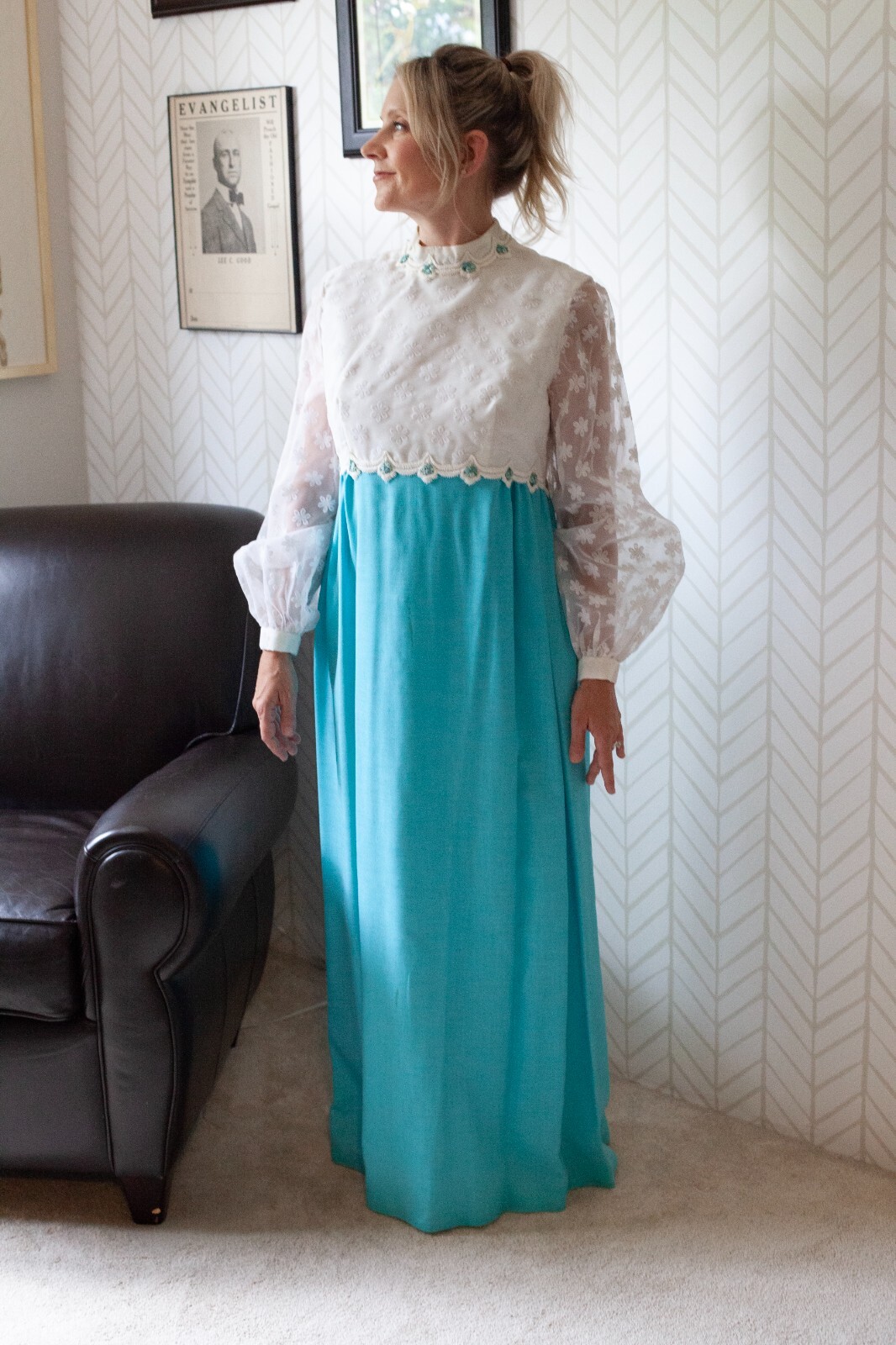 Vintage 70s Iconic Wedding Bridesmaid Crepe Organza Balloon Sleeve 1970s Gown
