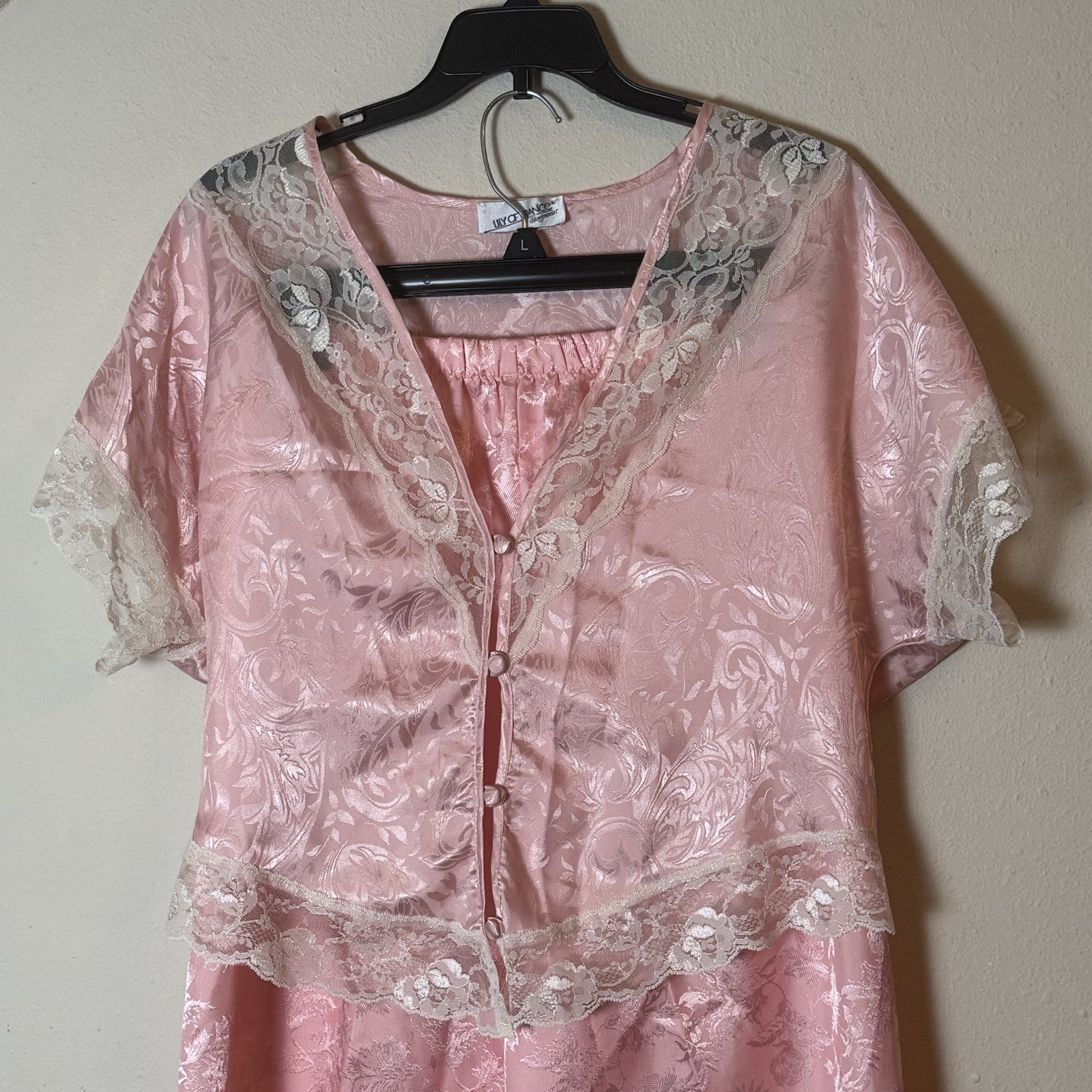 Vintage Lily of France Pink Satin Lace Pajama Set 2-Piece Sleepwear