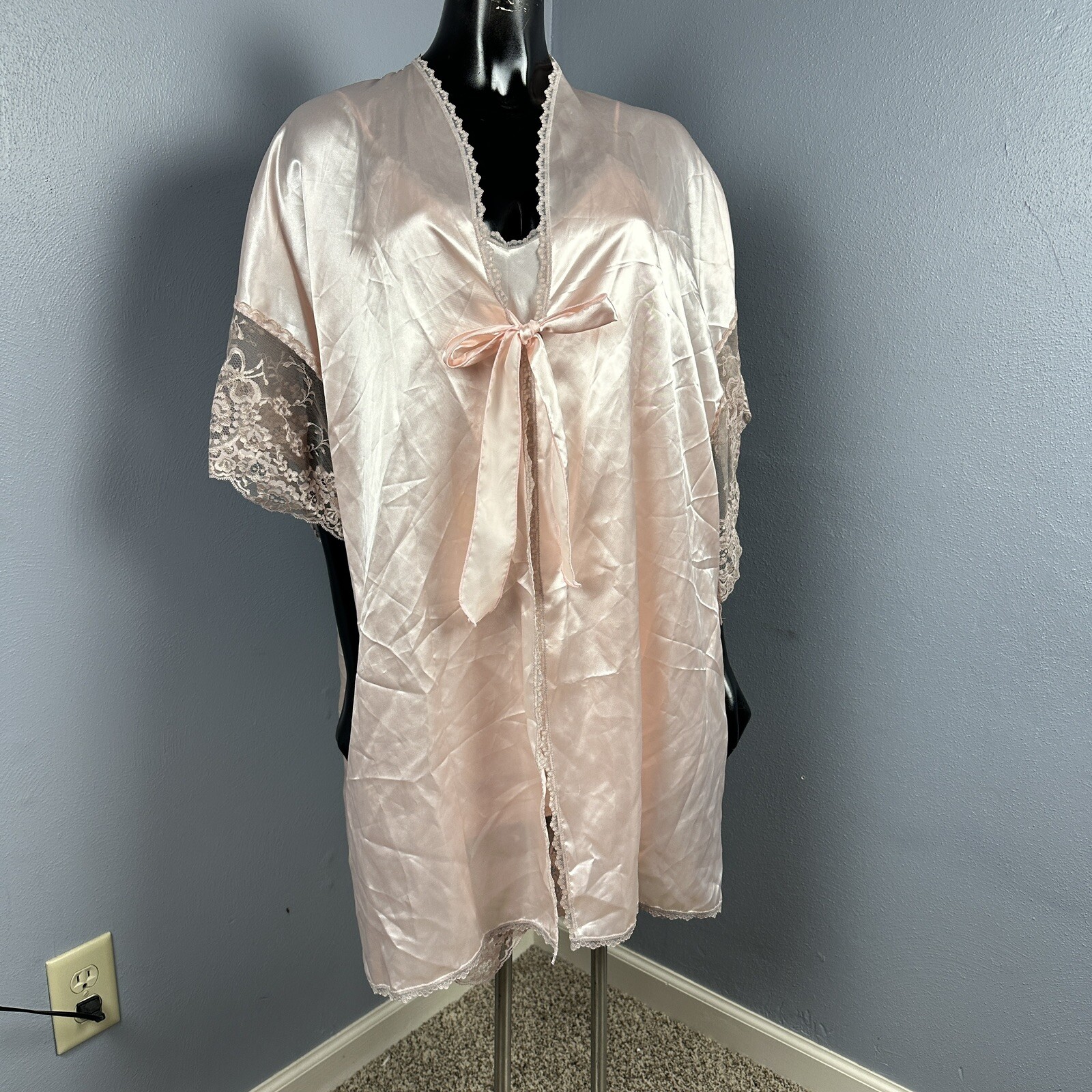 Vtg Lady Cameo Robe & Chemise Nighty Slip Dress Silky Pink Mauve Lace Set Sz L
