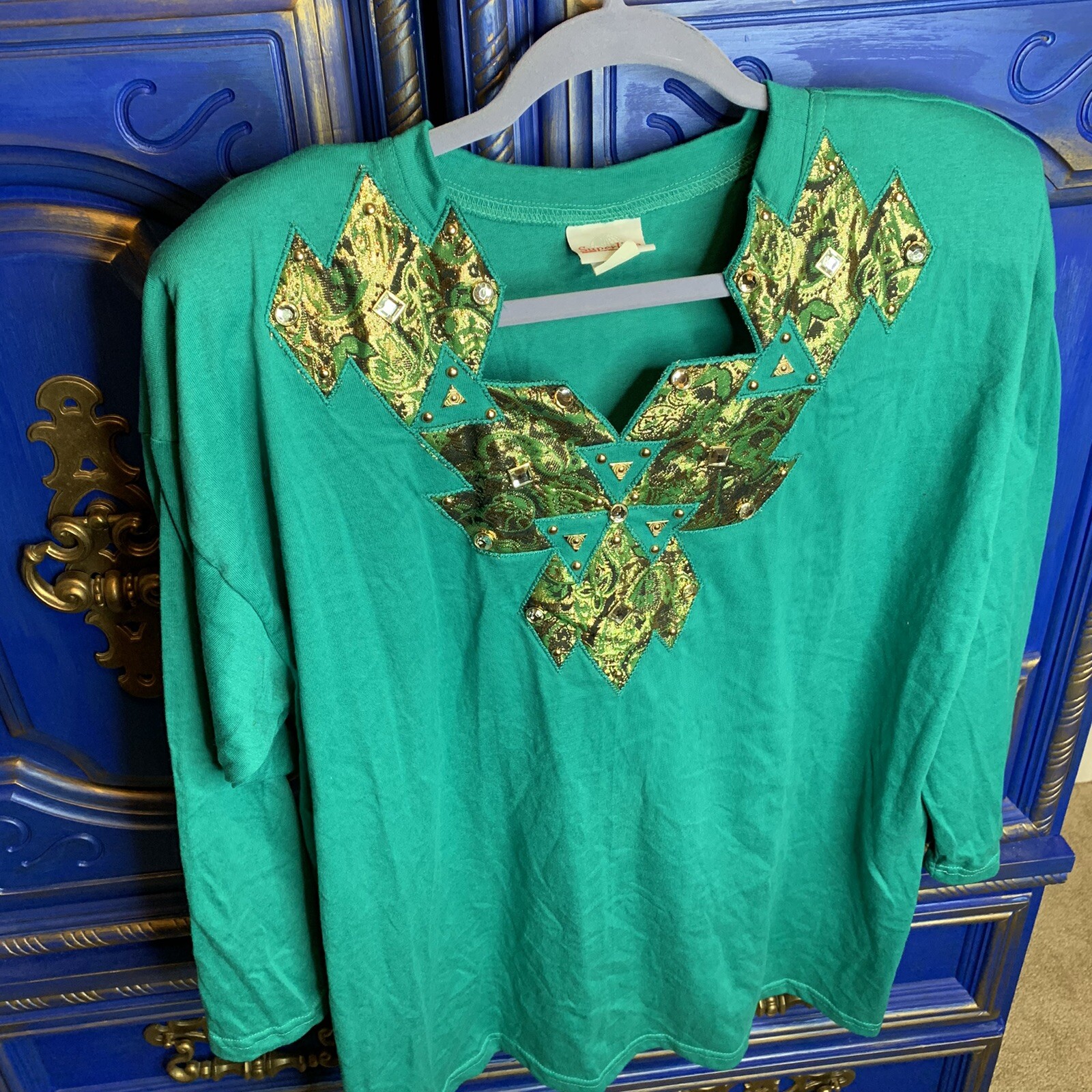 Vintage SuperLine Women’s Green Tunic Top Foil Rhinestone Studded Accent Sz XL