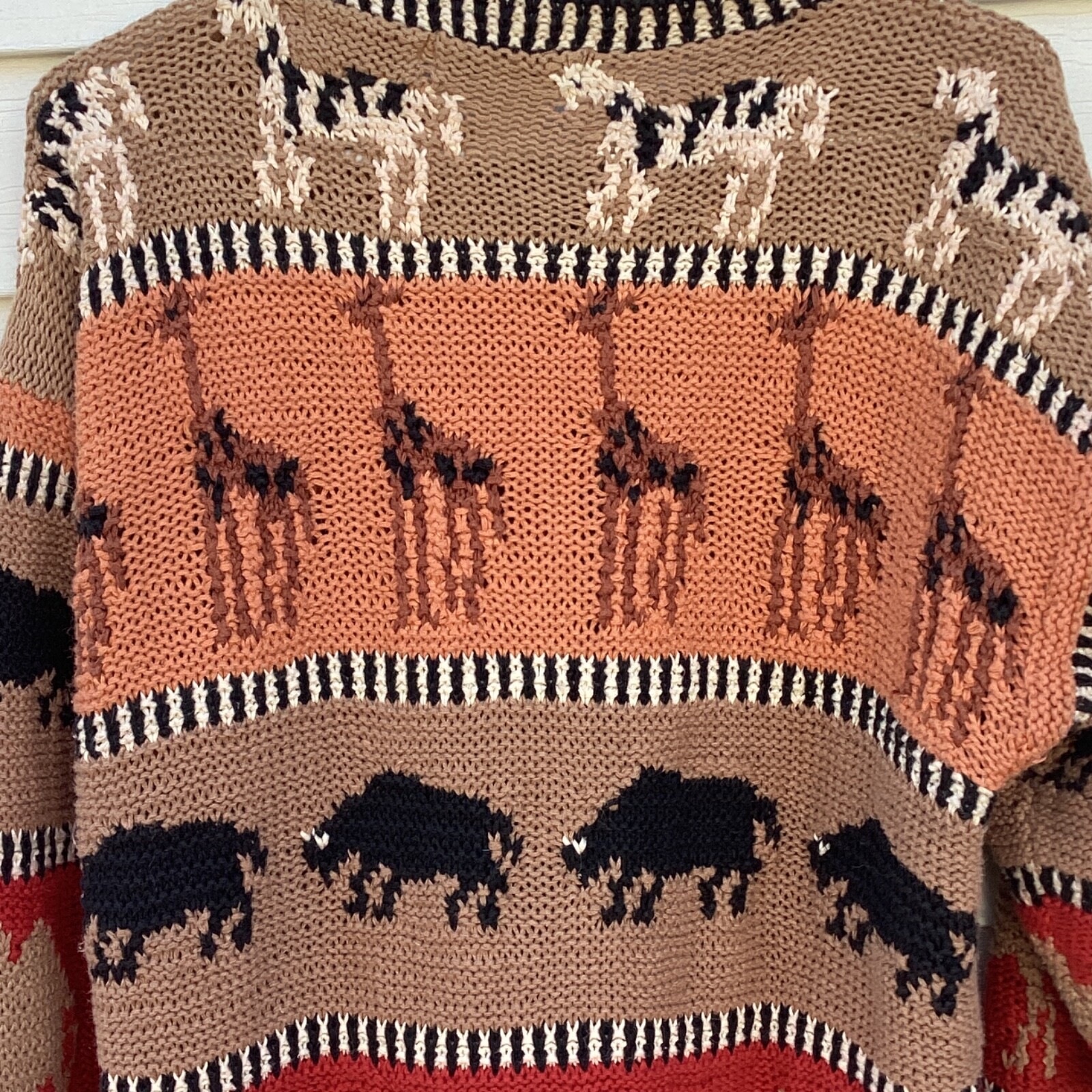 Vintage Mariea Kim Cardigan Sweater Safari Handknit Animals Giraffe Elephants