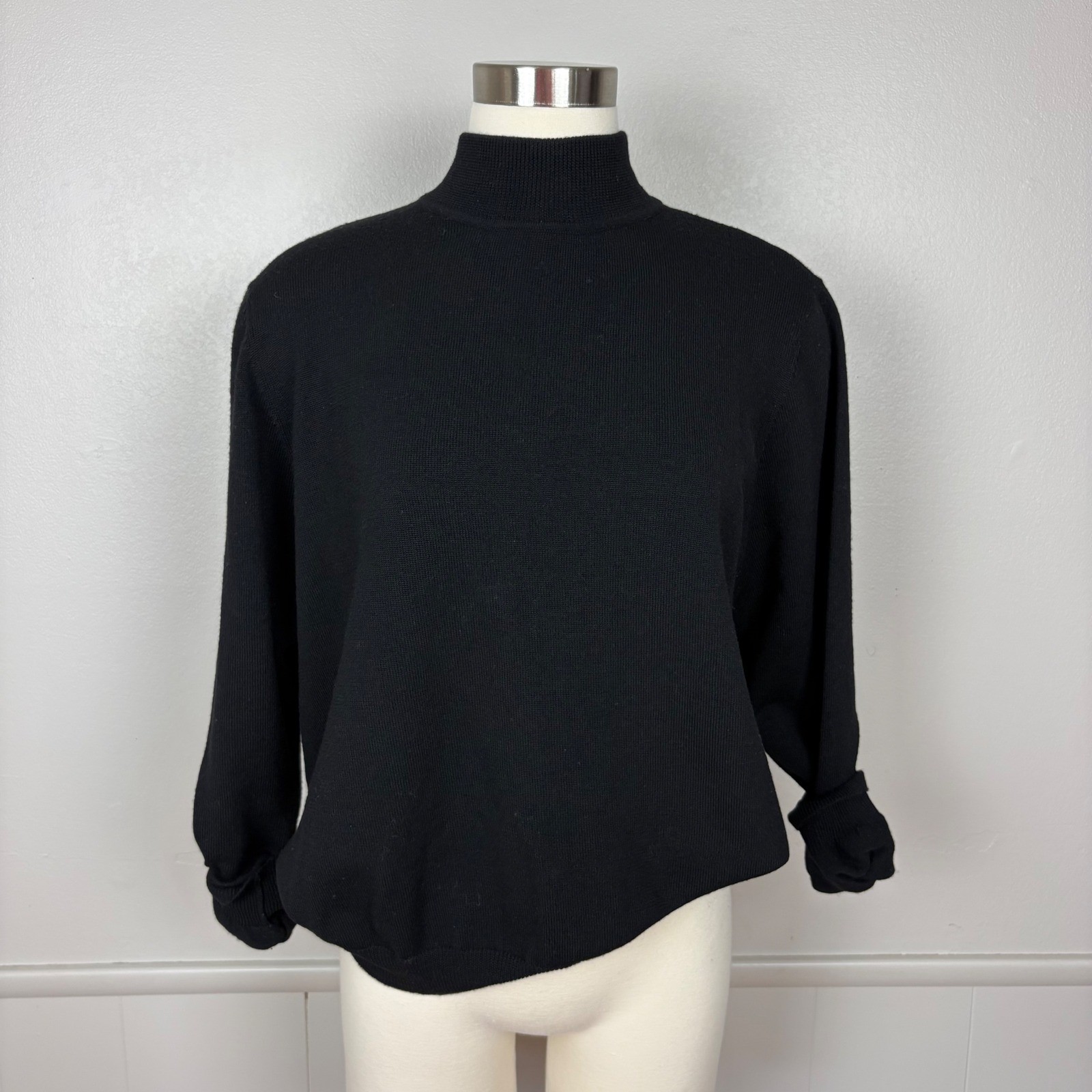 Womens Vintage Merino Wool Sweater Size XL Mock Neck Black Quiet Luxury Classic