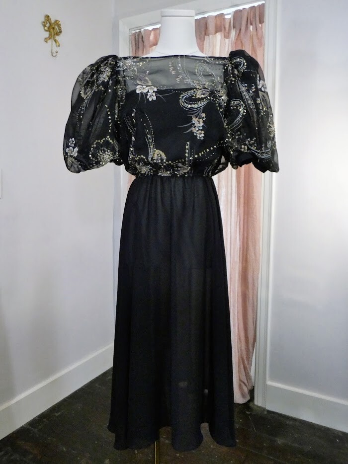 80s Vintage CONNECTIONS Black Puff Sleeve Silver Gold Glitter Dress ILGWU Small