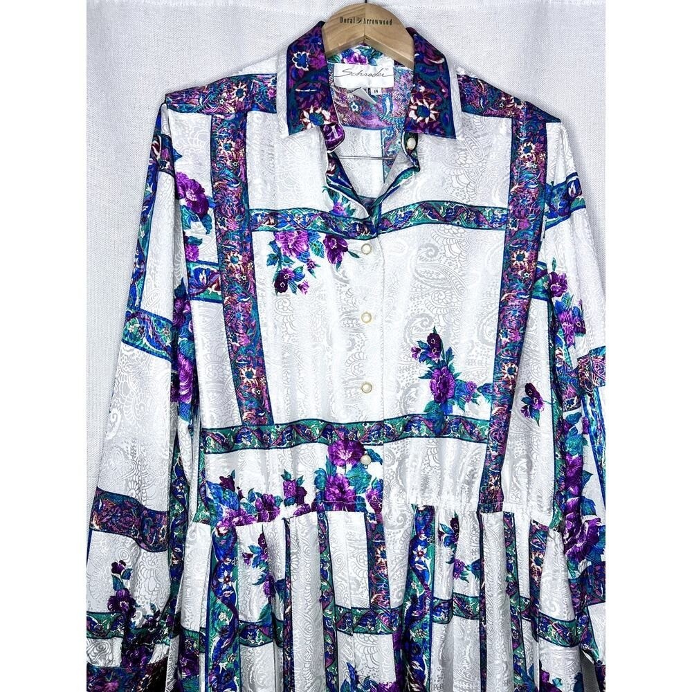 Vintage 80s Schrader Silver Purple Floral Satin Long Sleeve Midi Dress