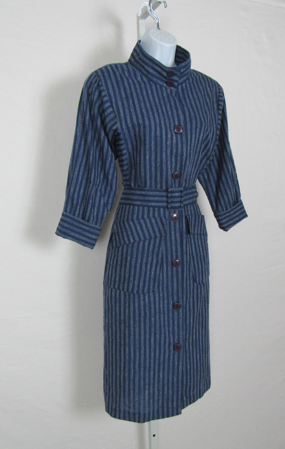 VTG 1970s 80s ALEXIS FASHIONS INC. DRESS SIZE 8 BLUE GRAY COTTON BLEND? BELT