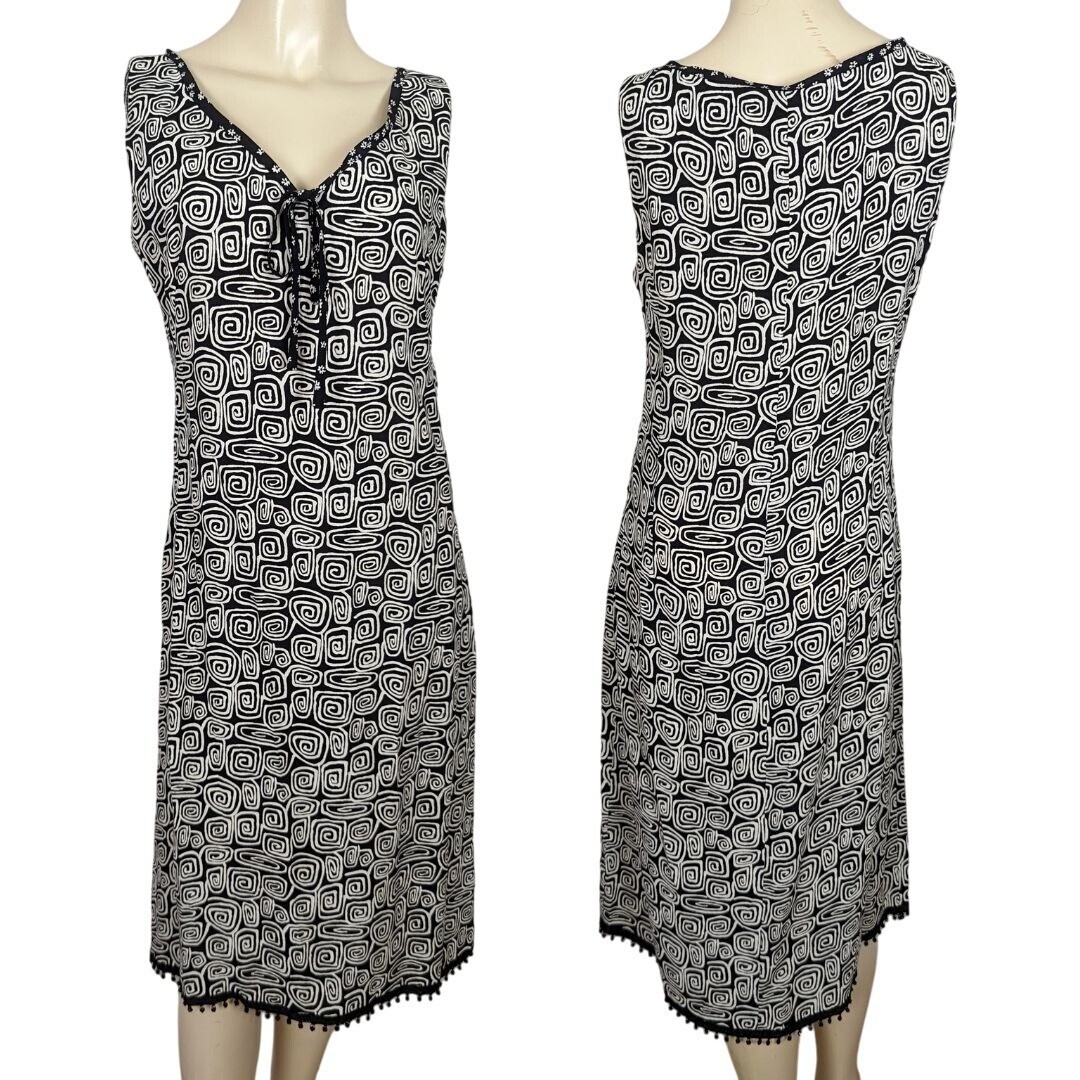 F.L. MALIK sleeveless black and white geometric print Vintage Summer dress sz M