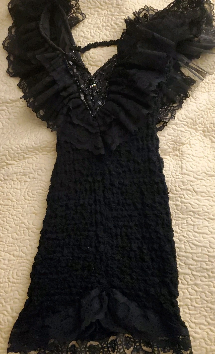 80s Steppin Out Siren Dress Jr. 9 Black Lace Victorian Goth Whimsy Vamp Addams