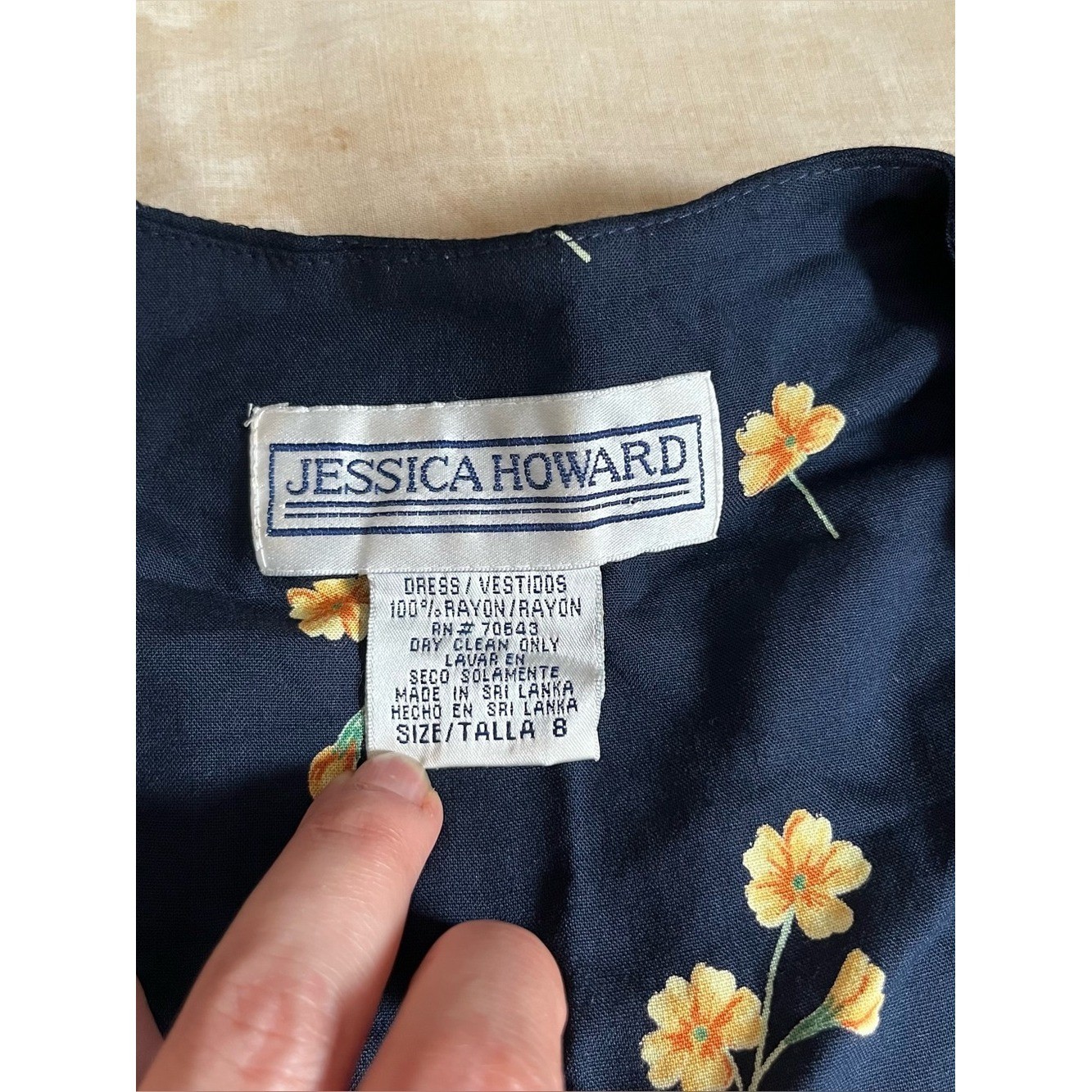 Jessica Howard Navy Maxi Dress Yellow Floral mother pearl buttons Vintage Sz 8