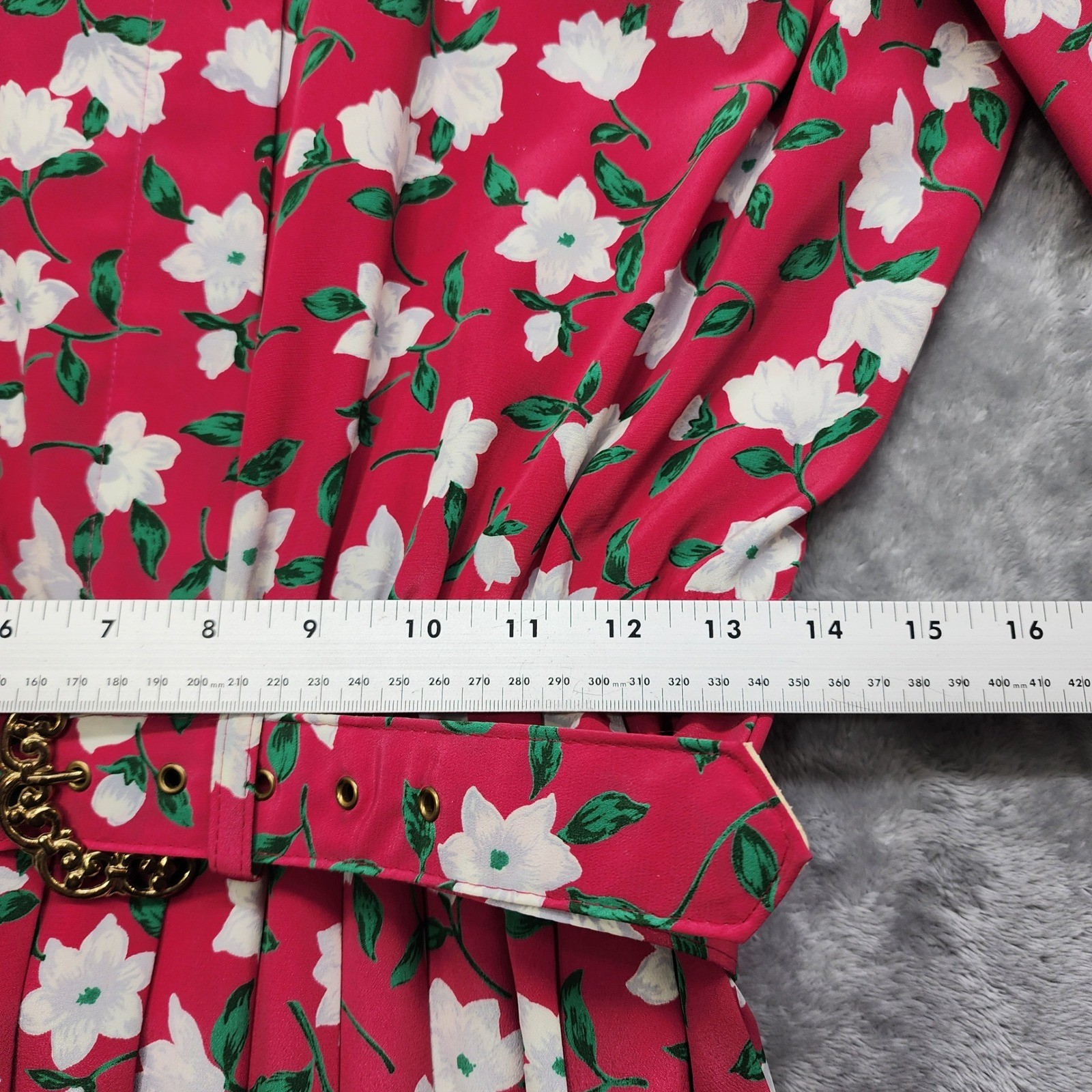 Vintage Leslie Fay Dress Womens 12P PETITE Pink White Floral Pleated Belted Midi