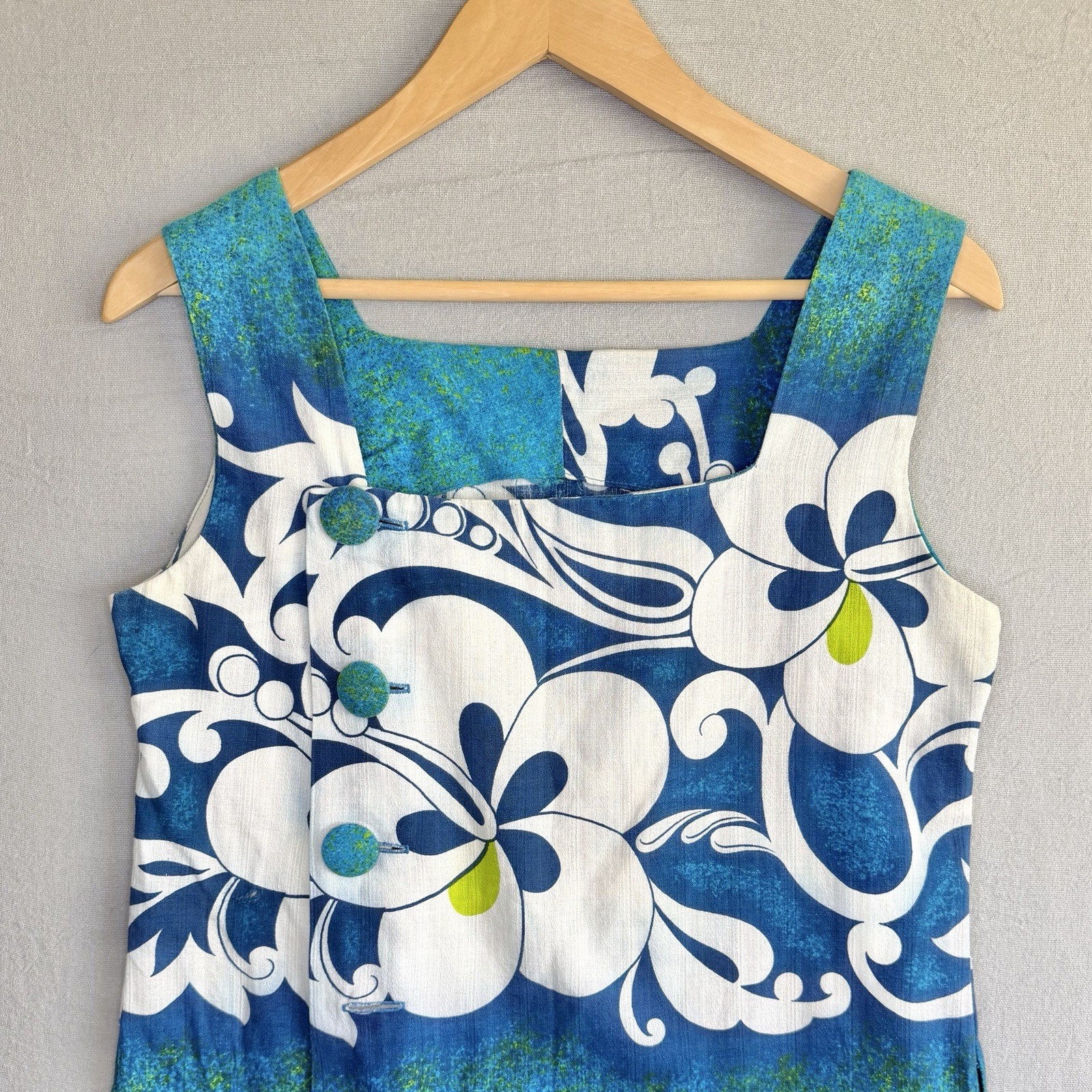 Malihini Vintage Barkcloth Dress Small Blue Sleeveless Hawaiian Floral Buttons