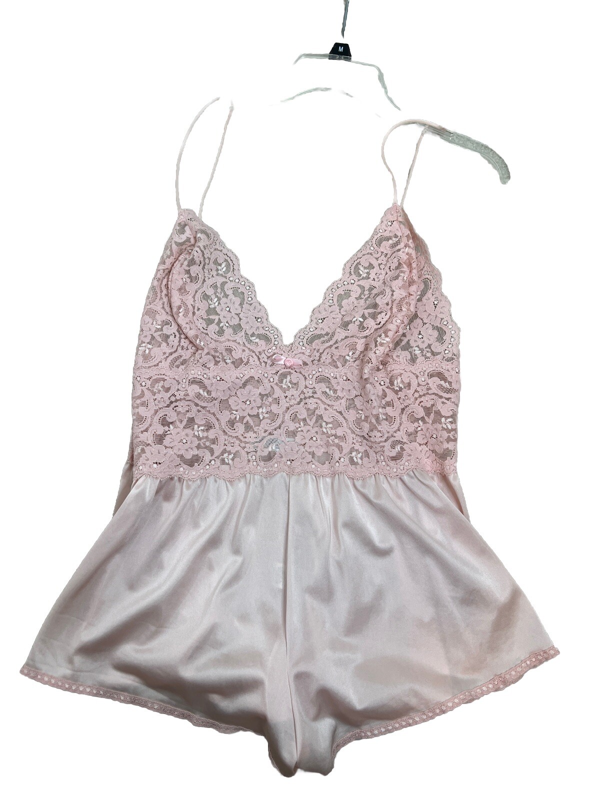 Vtg Lace Bodysuit Romper Miss Elaine Bodysuit Teddie Pink Nylon Hi Cut Union