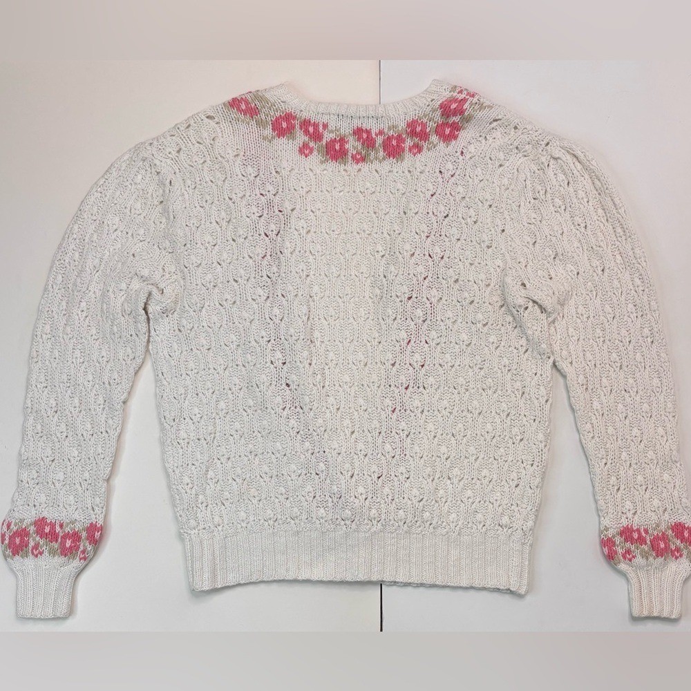 Vintage Cottage-core 80’s White Pink Floral Hand Knit Granny Cardigan Sweater
