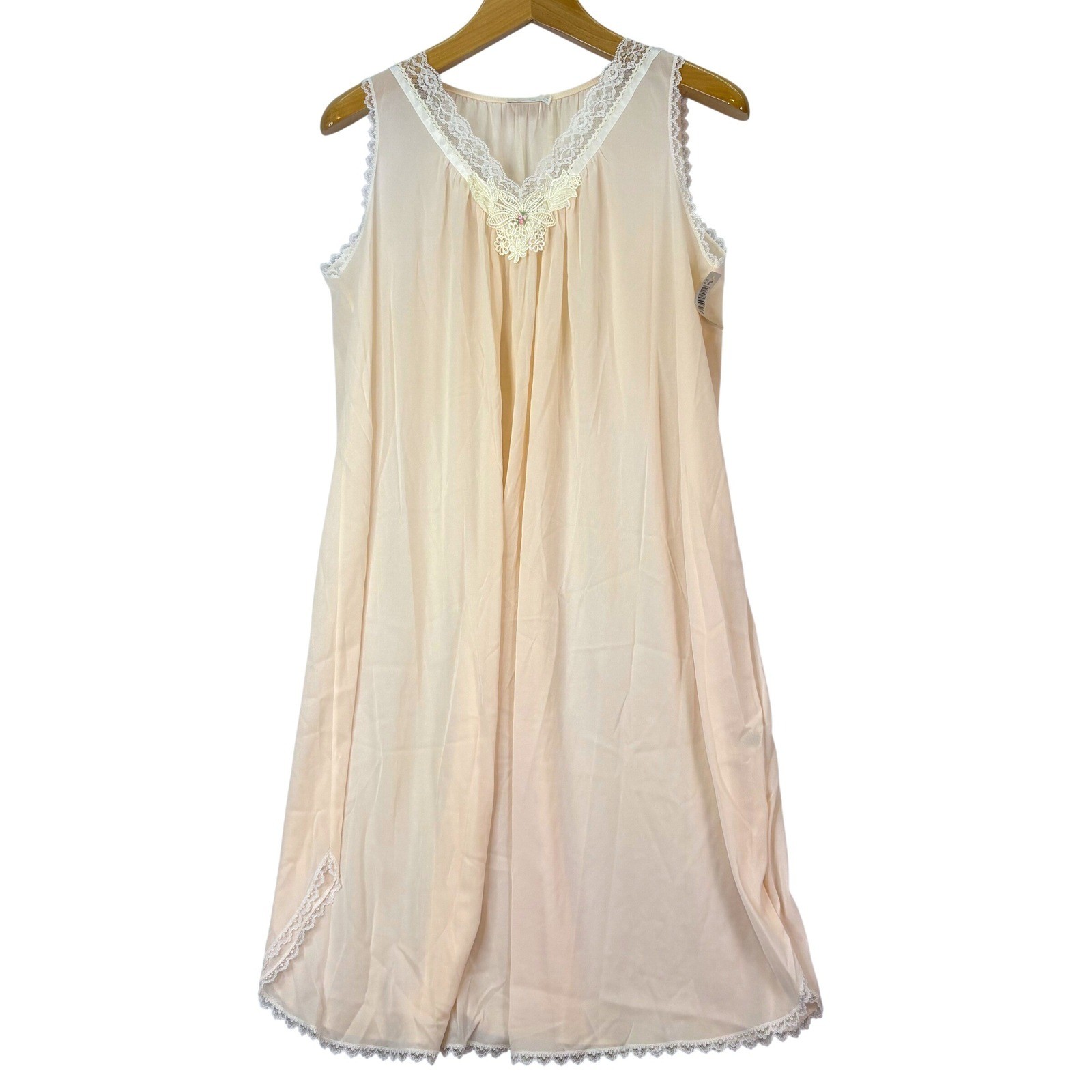 Miss Elaine Peach Lace Trim Crepe Nightgown Womens L Vintage Coquette Victorian