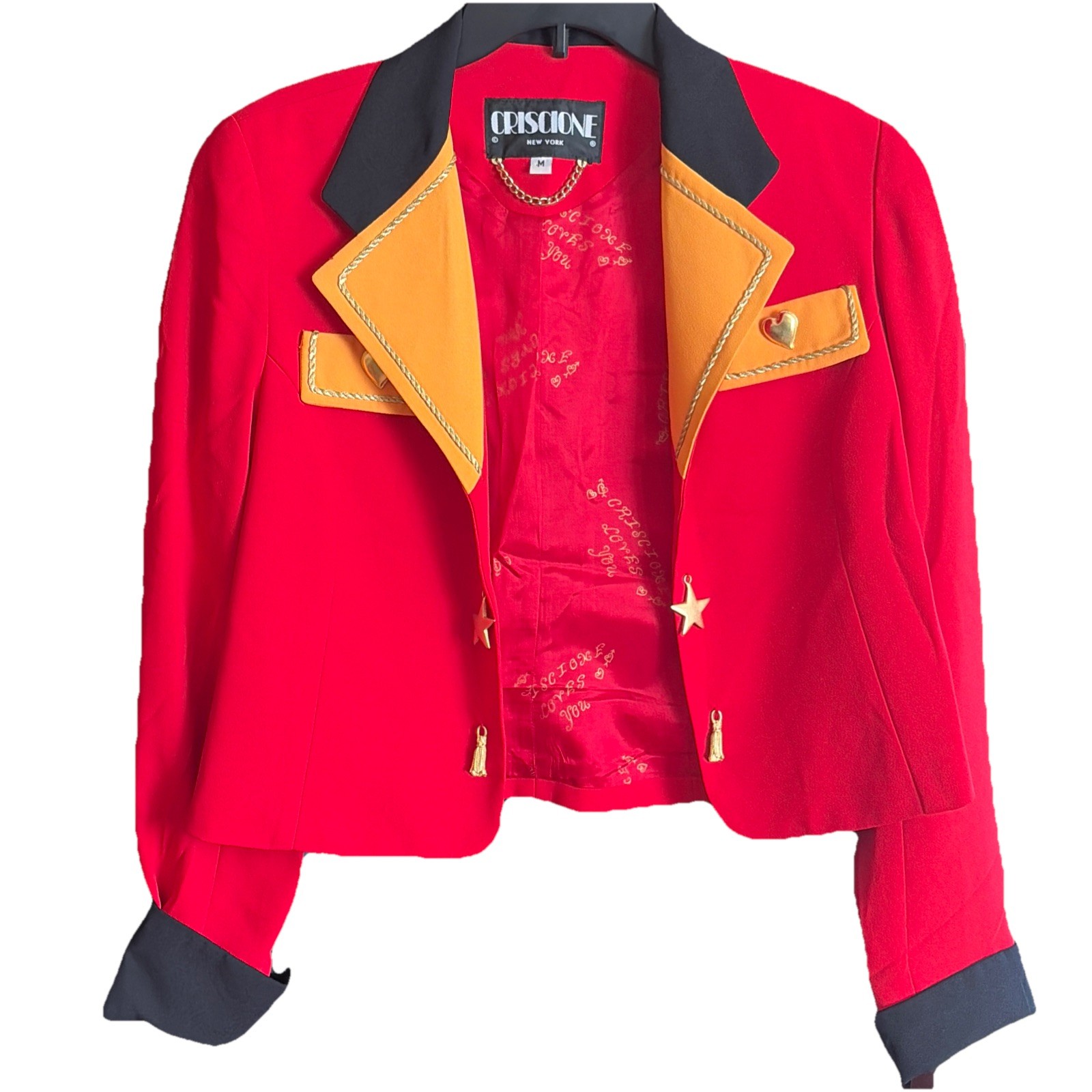 Vtg 80s CRISCIONE Red Gold Black Blazer Jacket~M~Padded Shd Hollywood Glam US