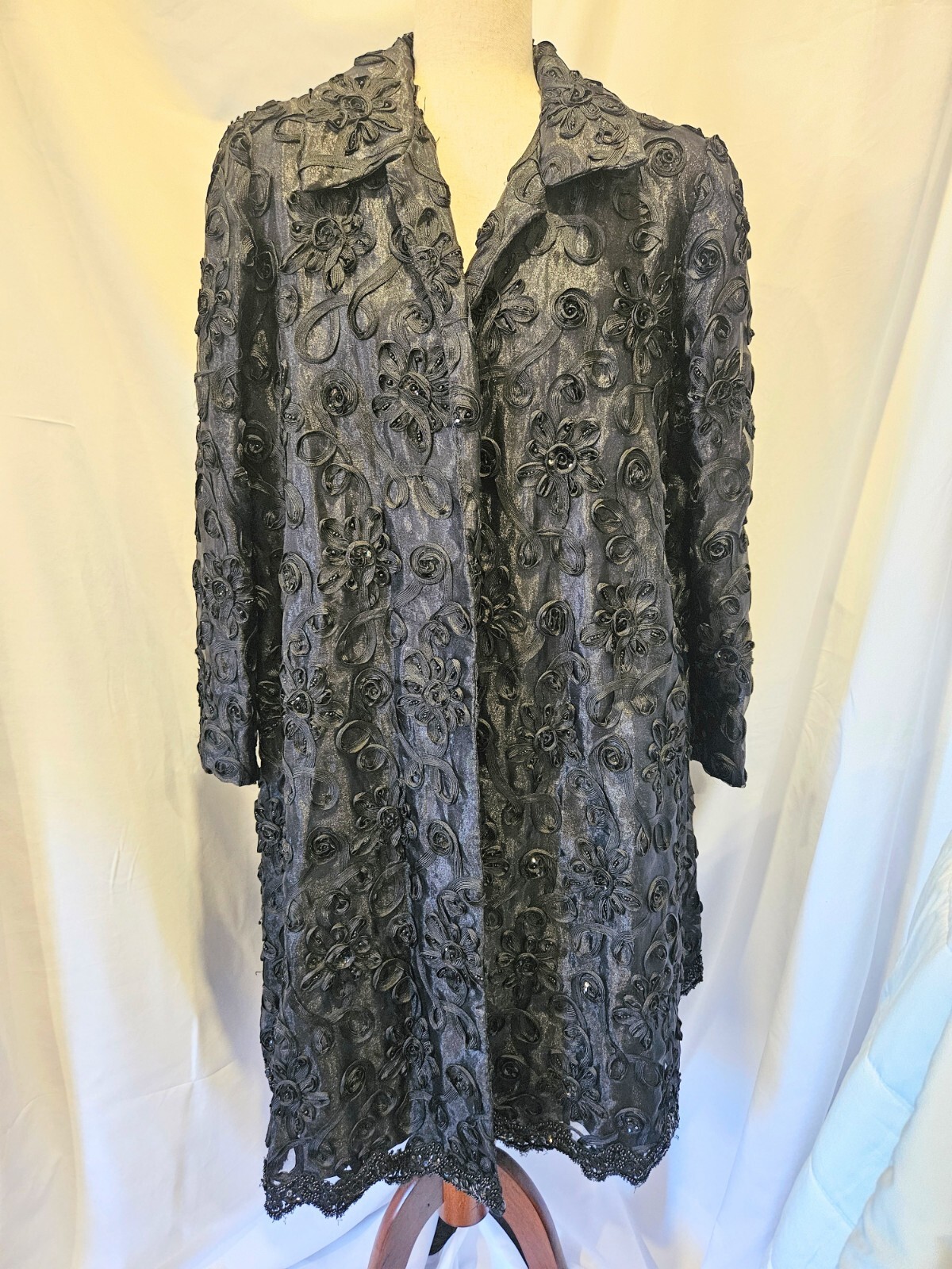 Vintage Black Floral Ribbon Appliqué and Sequin Organza Opera Coat Evening…