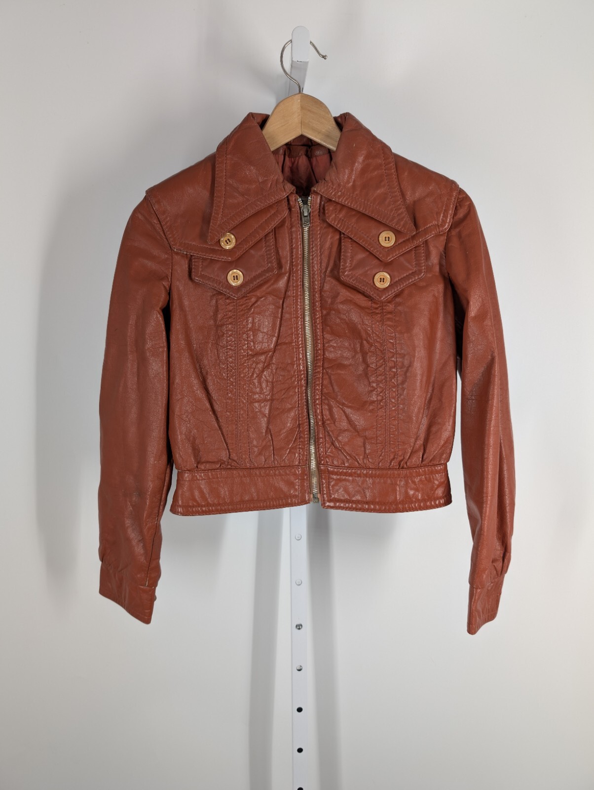 Vintage 70s Mod Leather Avant-garde Clay Brown Artisan Zip Disco Collar HighGear