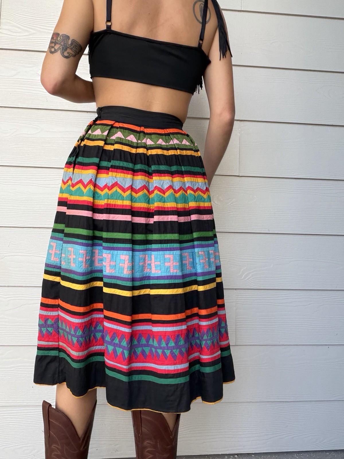 Vintage 40s 50s Colorful Native American Seminole Midi Skirt Side Metal Zip XS
