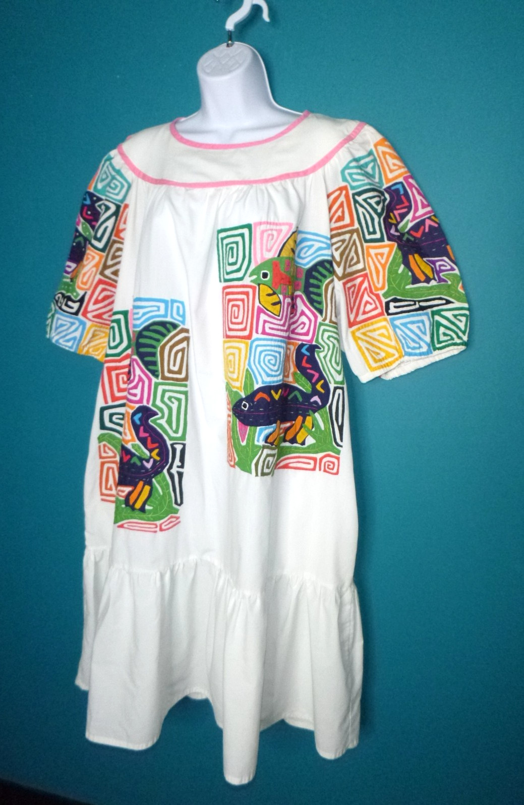 Vtg 70s Seds Crafts Mola Panama Reverse Applique Dress Fish Geckos One Size