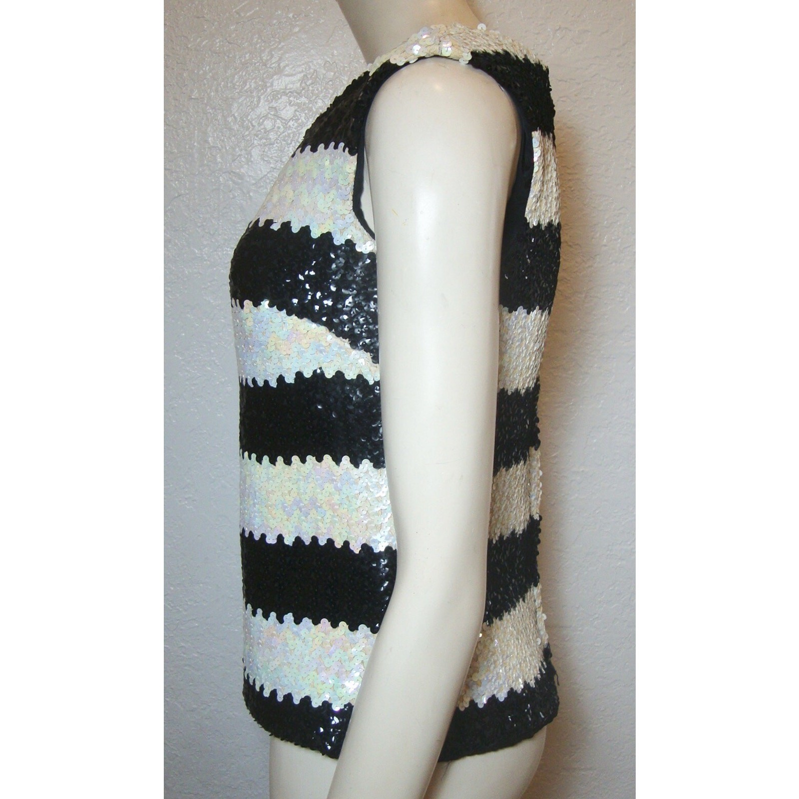 Vintage Sequin Top 60’s GO GO GIRL SZ 9 S M Black White PIN UP Sleeveless Lined