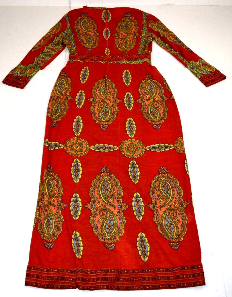 Vintage Maxi Dress Maurice Siz S/M 60s Rusty Orange Kaleidoscopic Print Back Zip