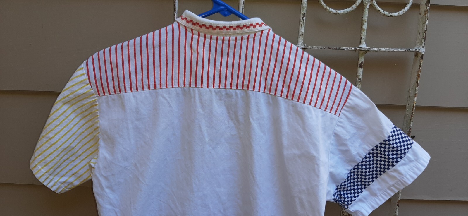 Vtg 70’s Womens Shirt Hang Ten Sport White w/ Block Stripe & Checkerboard Med