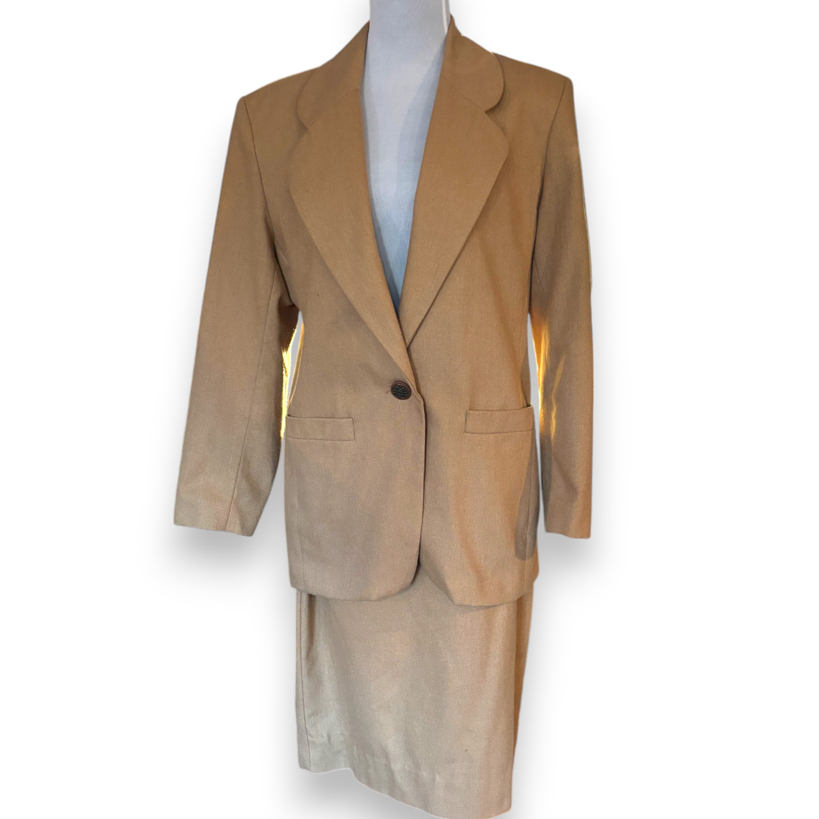 Oui Petites by Tan Jay Vintage 80s brown wool blend blazer skirt suit set sz 10P