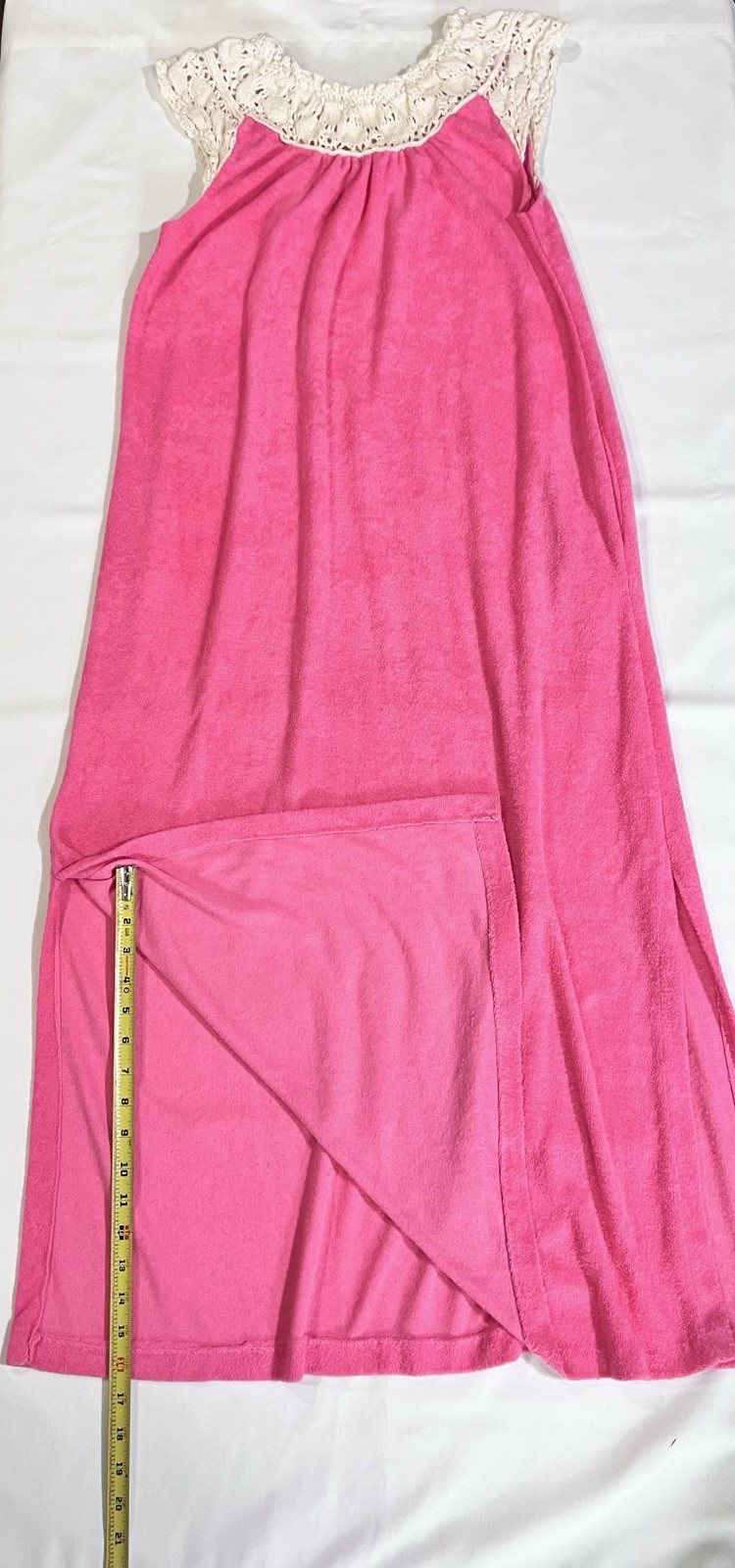 Vintage Hot Pink Terry Cloth Crocheted Lace Summer Dress Swim Cover Up 70s Mod
