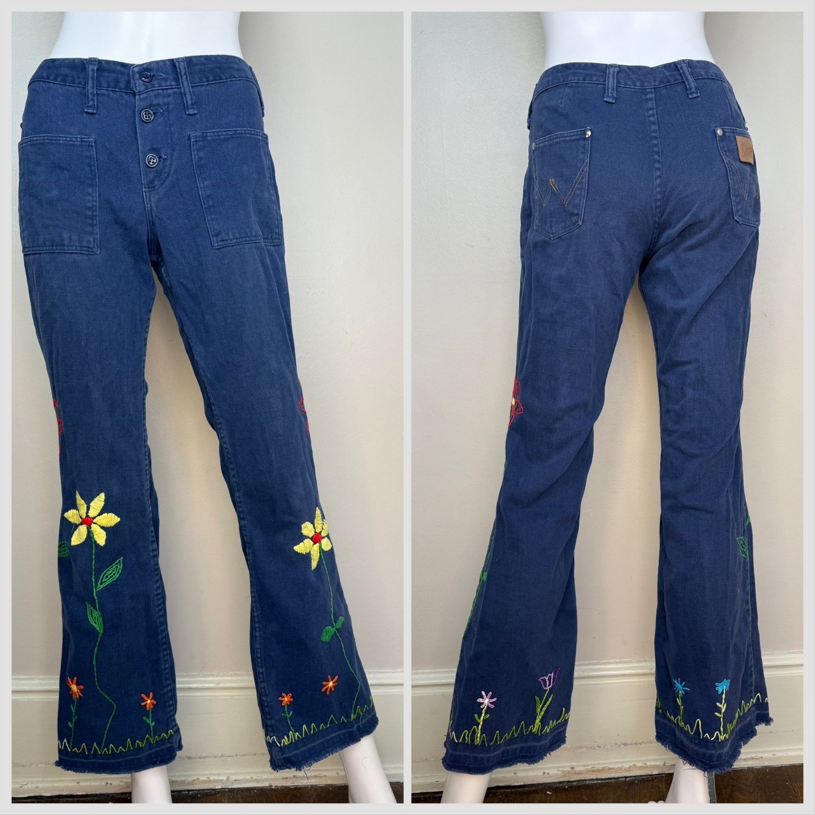 Vintage 1960s Wrangler Jeans Floral Embroidery 60s Low Rise Flare Leg 26.5″x29″